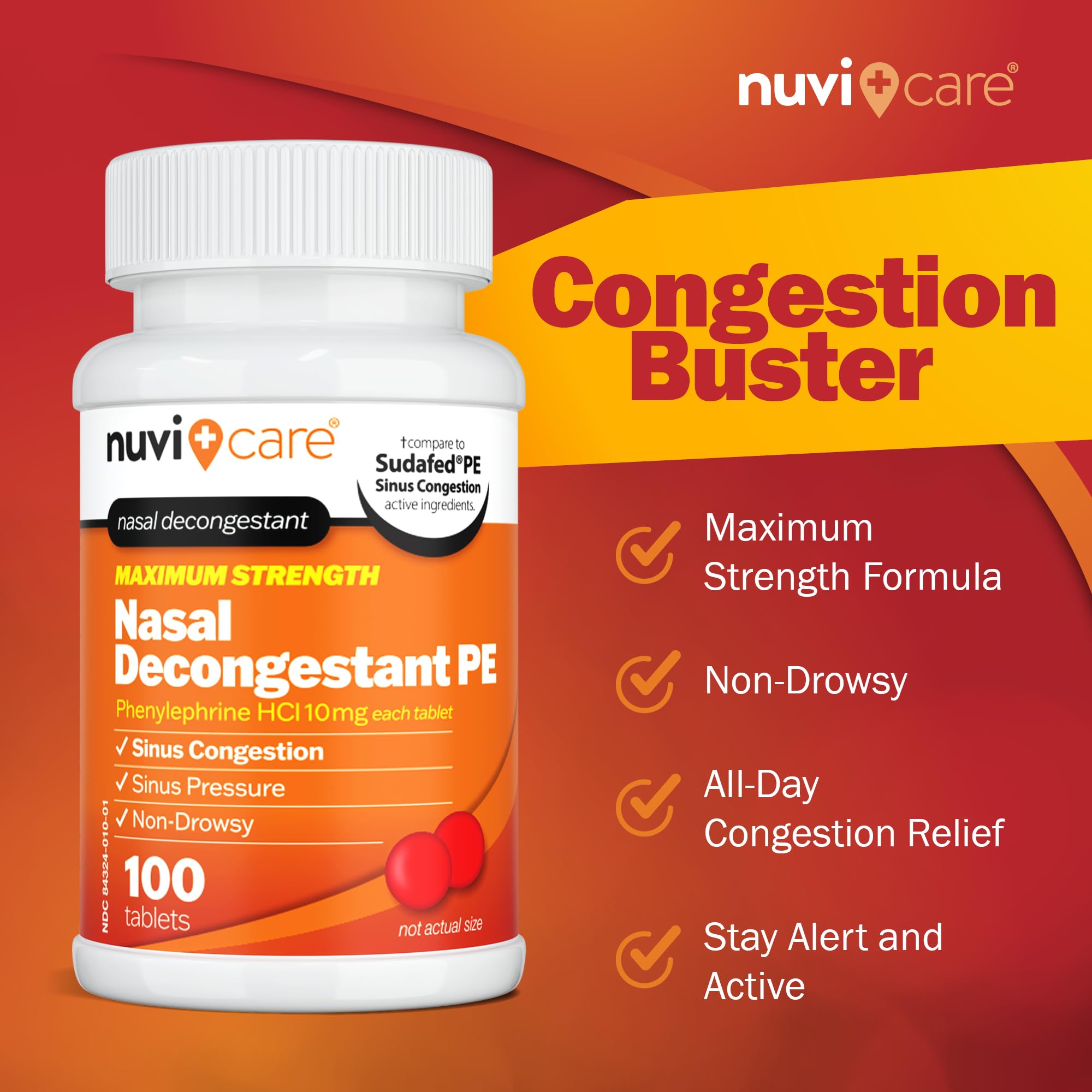 NUVICARE Max Strength PE Phenylephrine HCl 10mg Non-Drowsy Nasal Decongestant - 100 Count