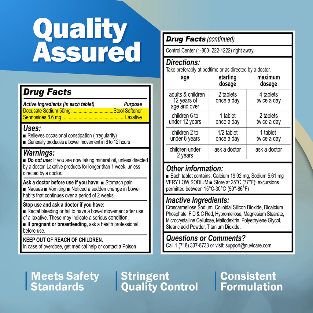 NUVICARE Senna Plus Laxative Stool Softener — Docusate Sodium 50mg + Sennosides 8.6mg | Compare to Senokot-S | 100 Tablets