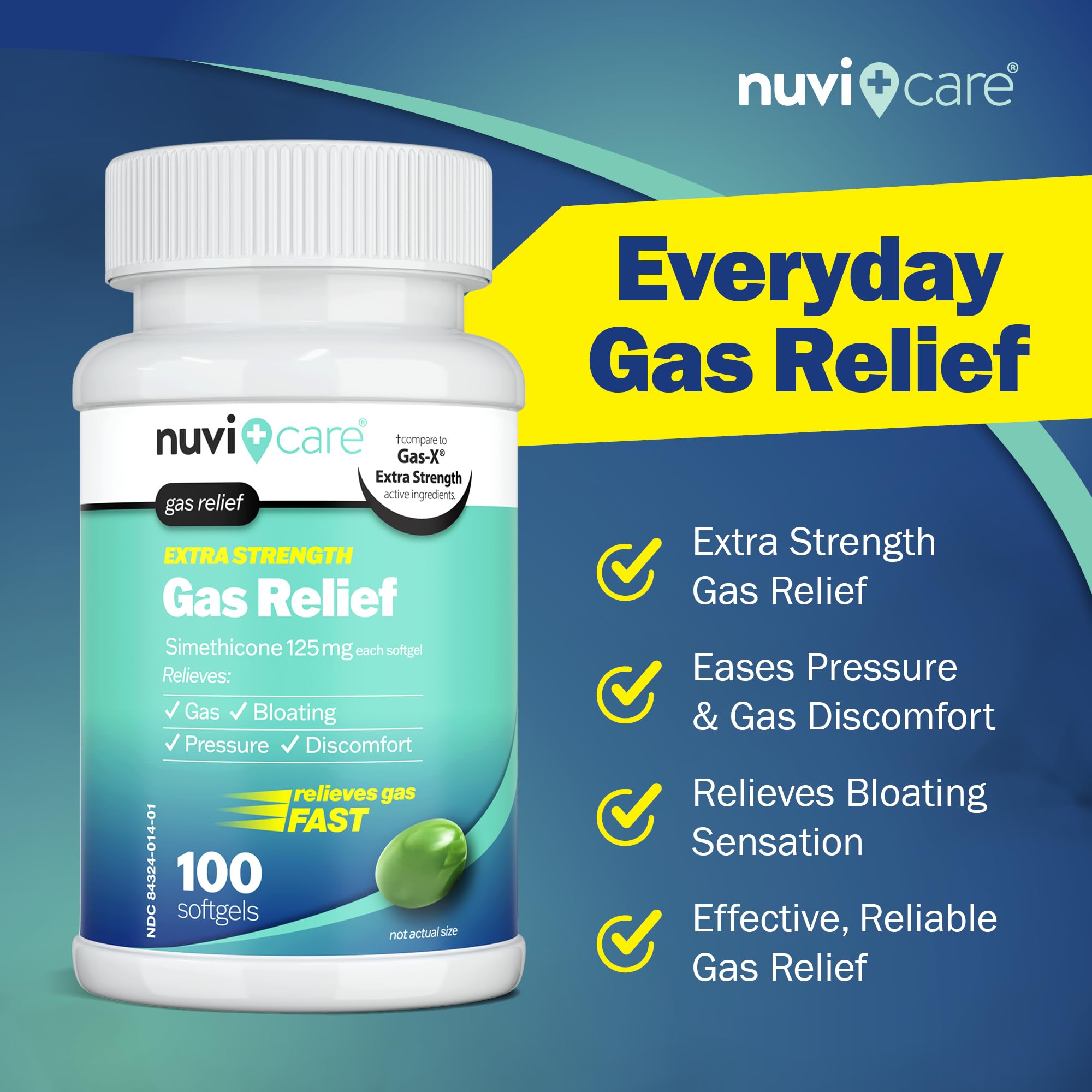 NUVICARE Extra Strength Gas Relief 125mg Softgels | Fast Gas & Bloat Relief (100 Count)