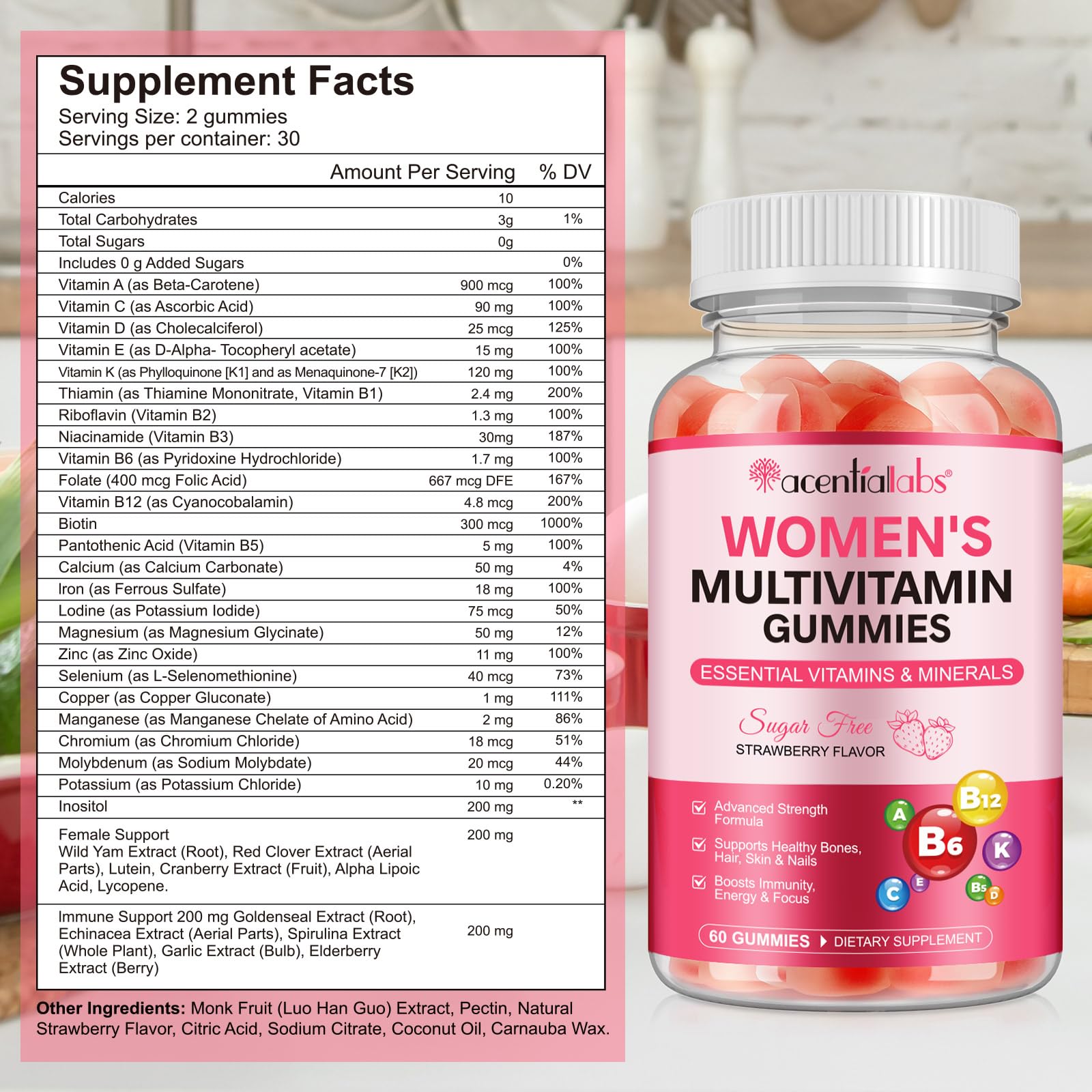 Nyloriaine Multivitamin for Women - Women's Multivitamin Gummies 60 Count | Strawberry Flavor