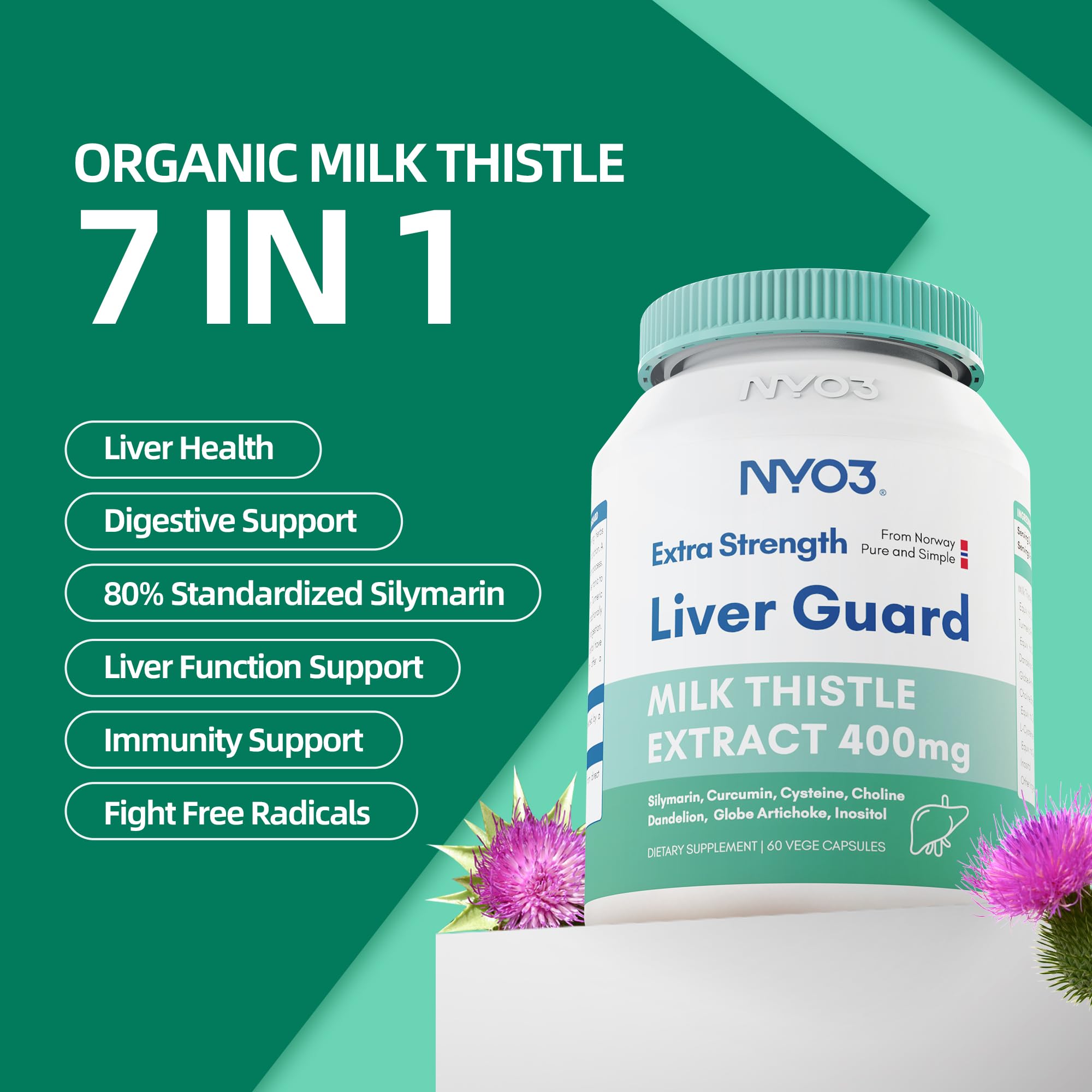 NYO3 Milk Thistle Liver Detox Supplement 400mg - 60 Capsules | Liver Health & Antioxidant Support