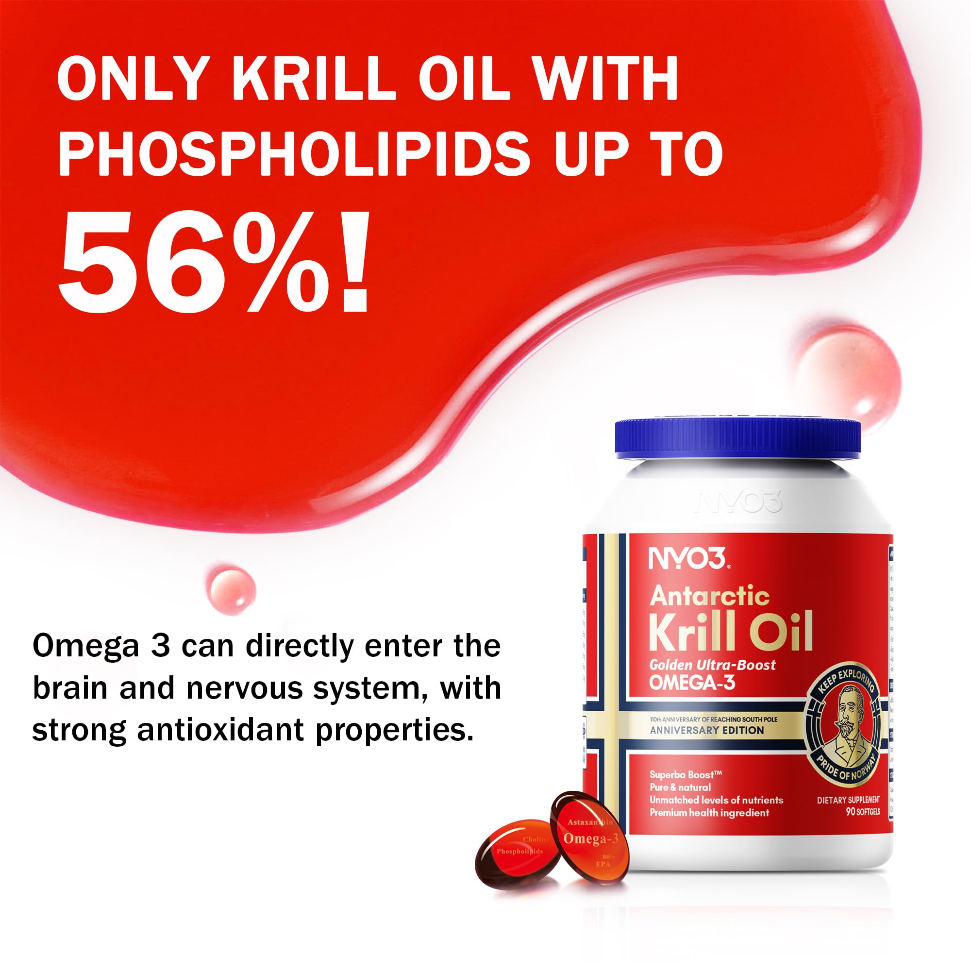 NYO3 Krill Oil 1500mg Omega-3 | 225mg EPA & 105mg DHA | 90 Softgels