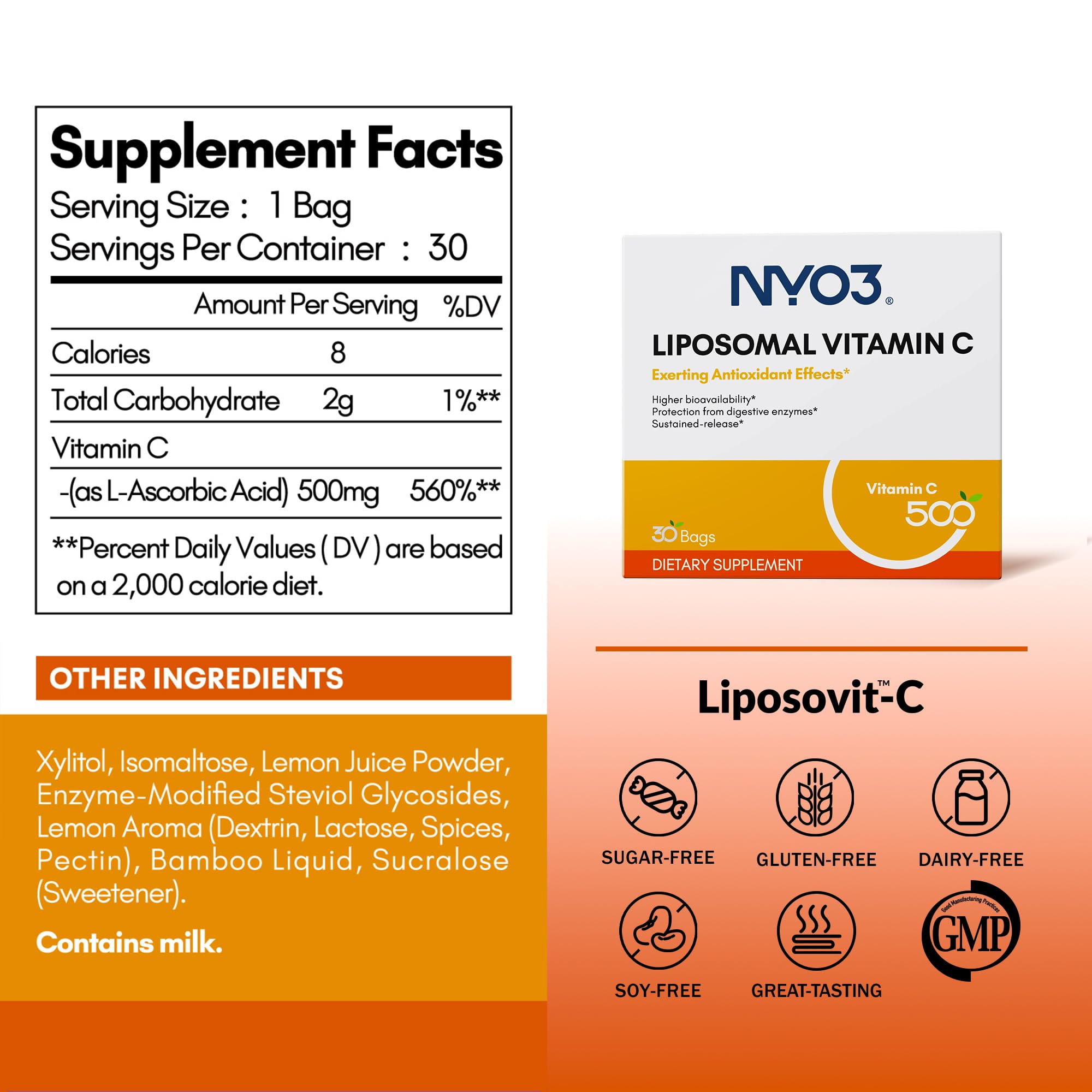 NYO3 Liposomal Vitamin C Powder – Immune Support & Skin Health, 500mg, Gluten-Free