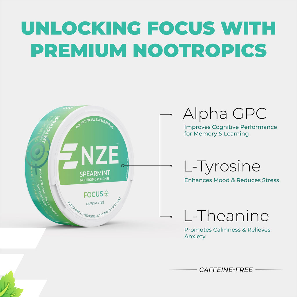 NZE Caffeine Free Nootropic Pouches – Spearmint, Alpha GPC, L-Tyrosine & L-Theanine | No Sugar or Artificial Sweeteners | 15 Pouches/Can, 5 Pack