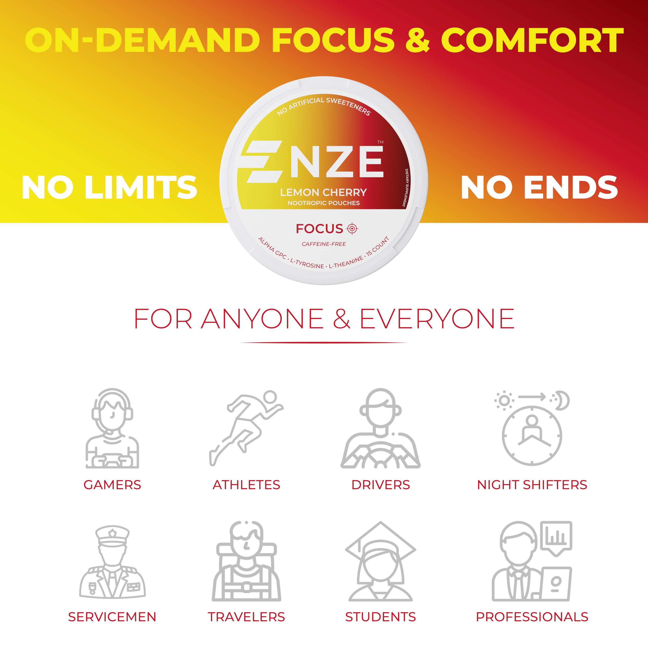 NZE Caffeine Free Nootropic Pouches – Lemon Cherry, 15 Pouches/Can, 5 Pack | Alpha GPC, L-Tyrosine & L-Theanine