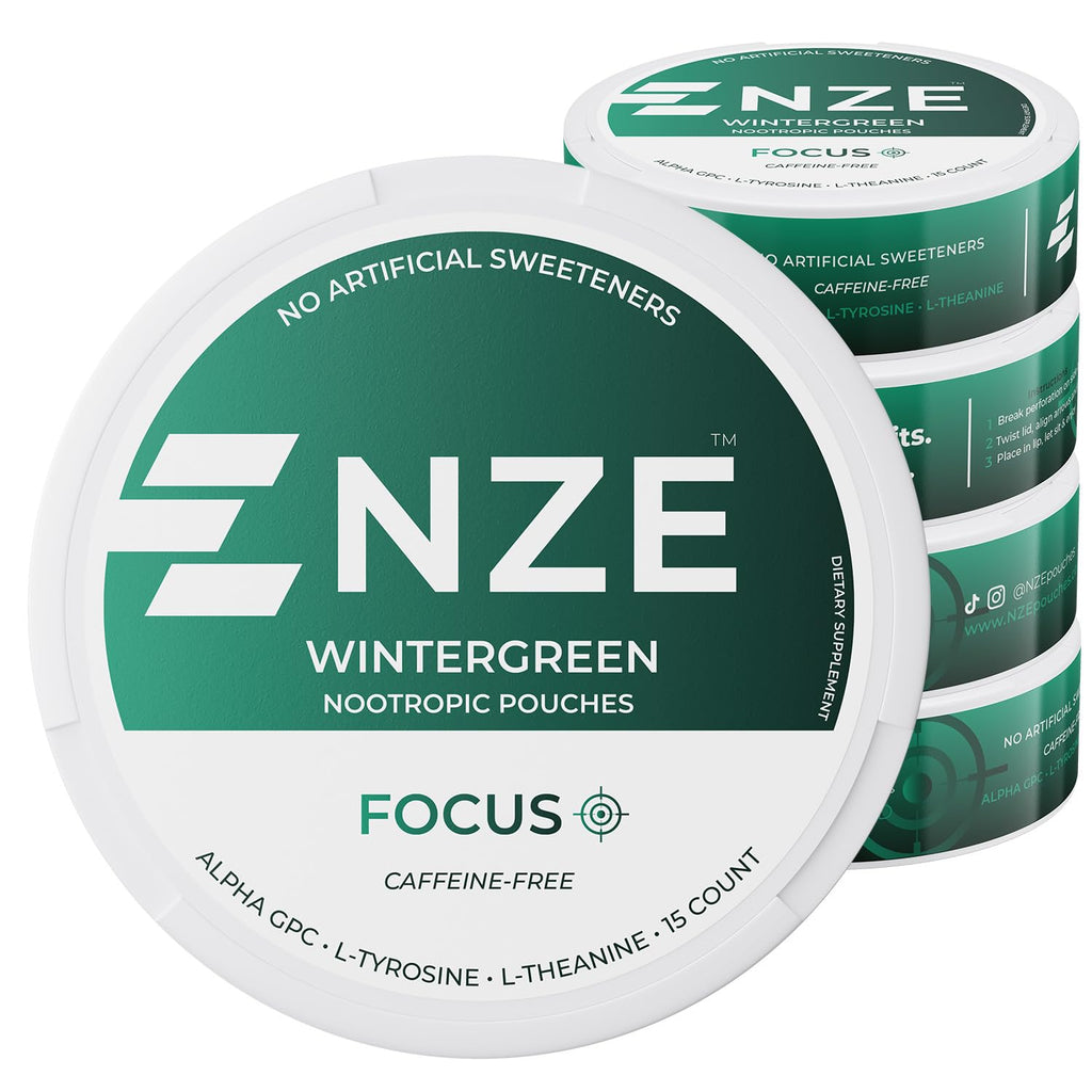 NZE Caffeine Free Nootropic Pouches (Wintergreen) – 15 Pouches Per Can – 5 Pack