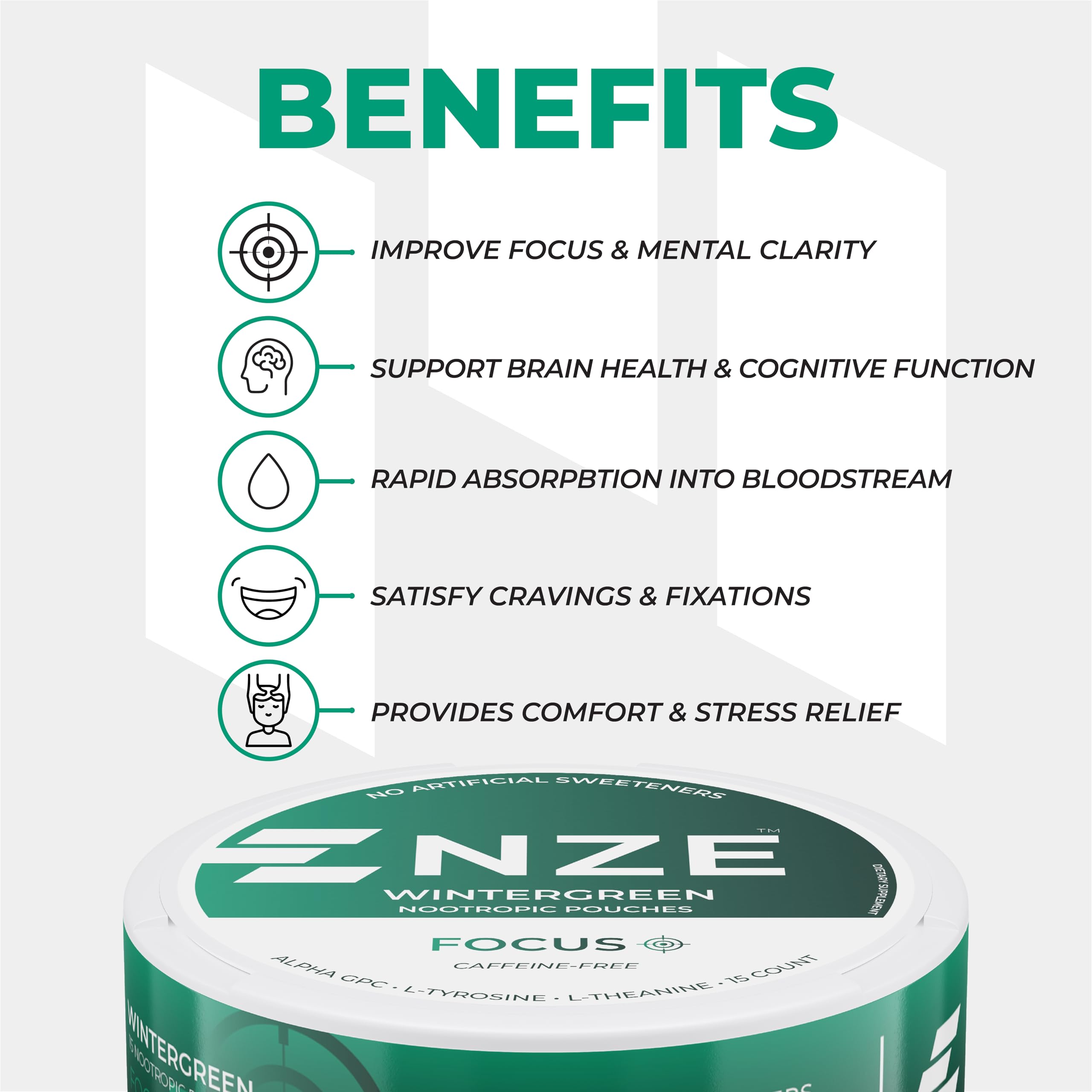 NZE Caffeine Free Nootropic Pouches (Wintergreen) – 15 Pouches Per Can – 5 Pack