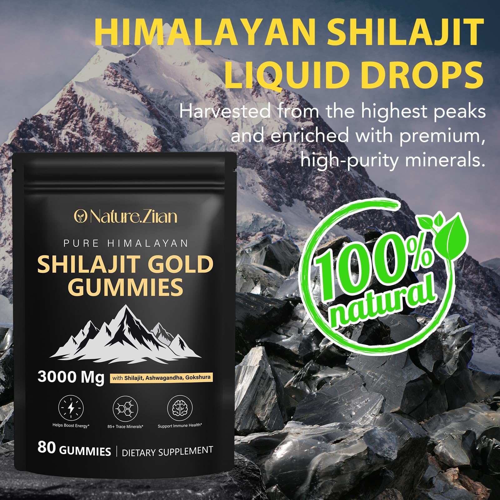 O NATURE ZIRAN Shilajit Gummies for Men & Women - 85+ Minerals, Ashwagandha & Gokshura, 80 Gummies