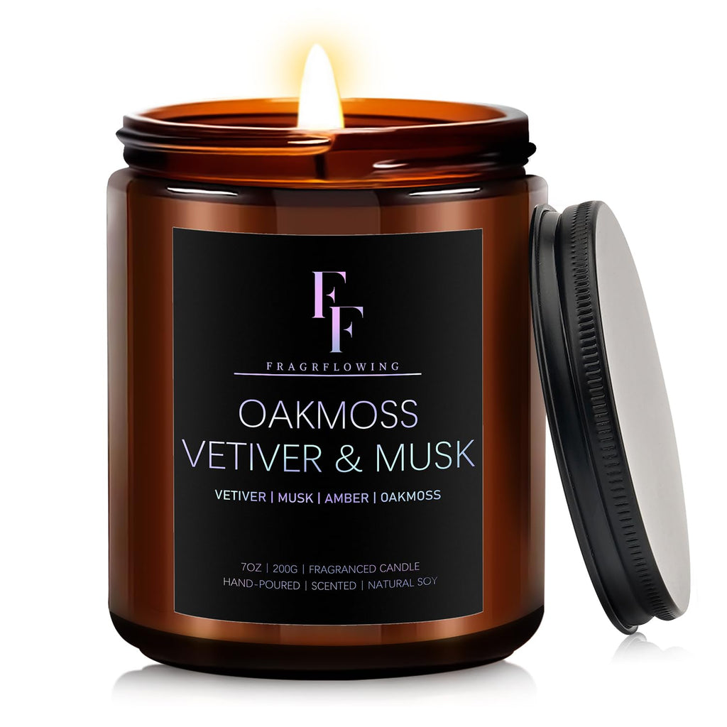 Oakmoss Vetiver & Musk Scented Candles – 7oz Soy Wax Amber Jar Gift