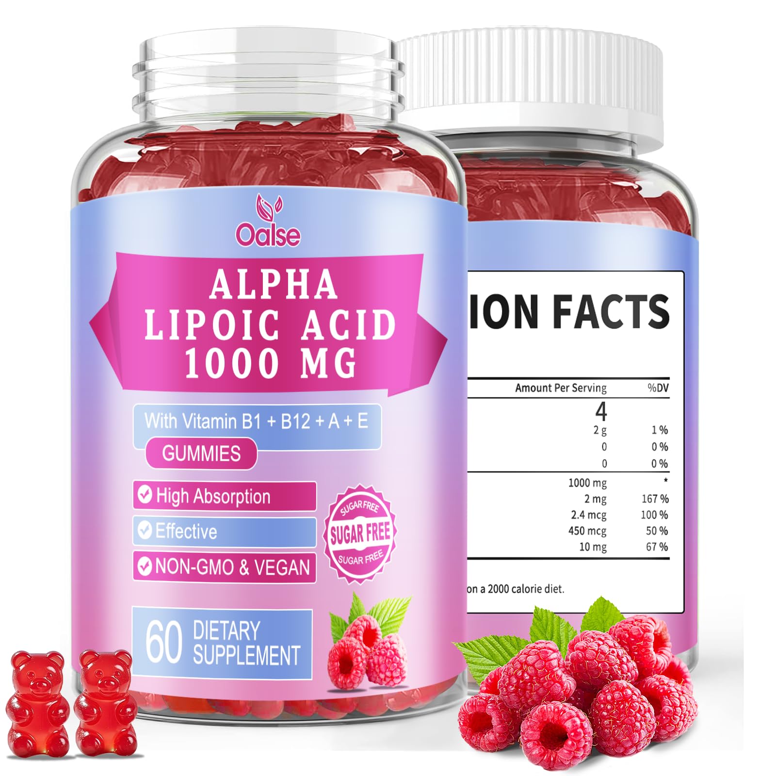 OALSE Alpha Lipoic Acid Gummies 1000mg – Sugar Free Raspberry, 60 Gummies