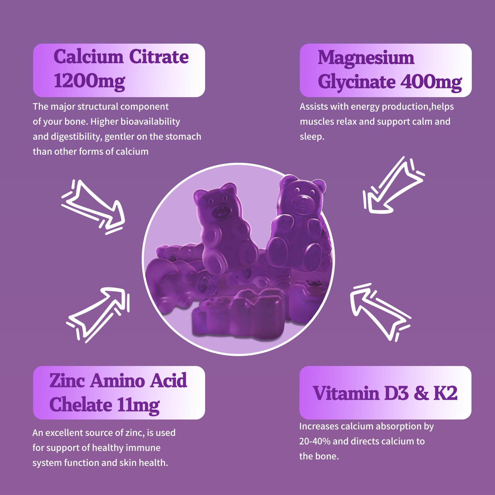 OALSE Calcium Magnesium Zinc Gummies with Vitamin D3 & K2 – High Absorption Magnesium Glycinate – Sugar Free Blueberry (1 Pack)