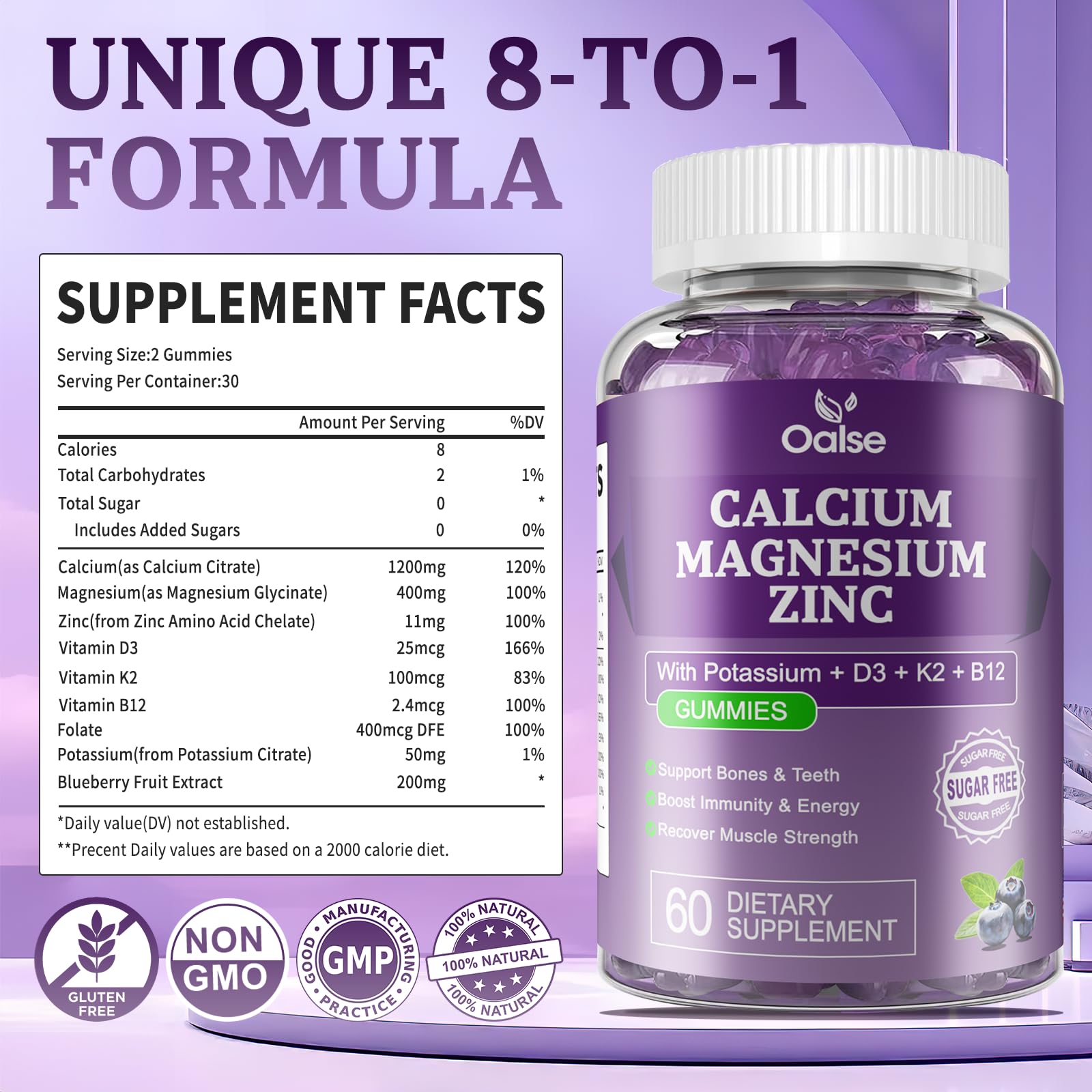 OALSE Calcium Magnesium Zinc Gummies with Vitamin D3 & K2 – High Absorption Magnesium Glycinate – Sugar Free Blueberry (1 Pack)