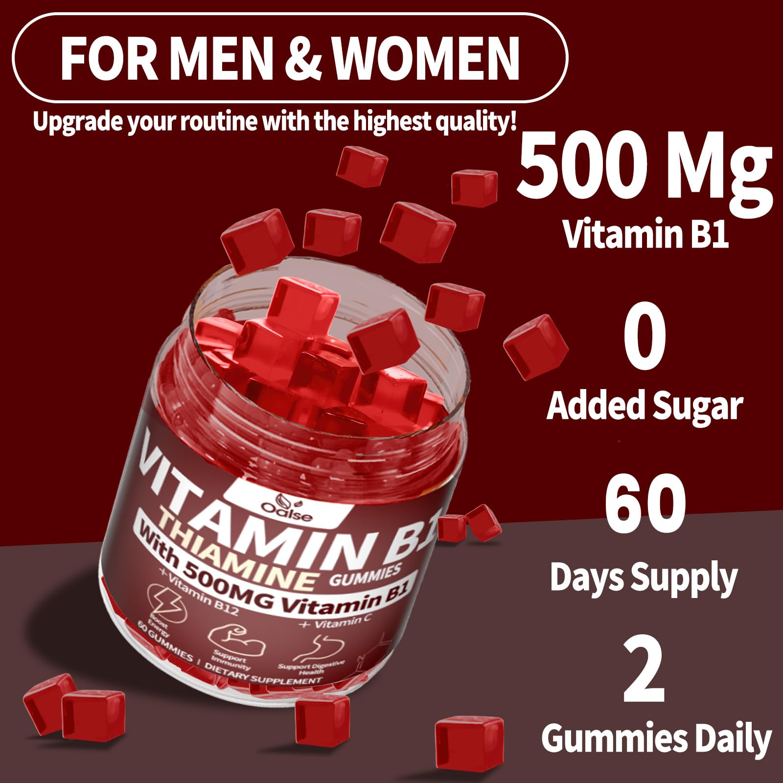 OALSE Thiamine B1 Gummies - 2 Pack, 500g Vegan Sugar-Free with Mixed Berry Flavor (120 Gummies)