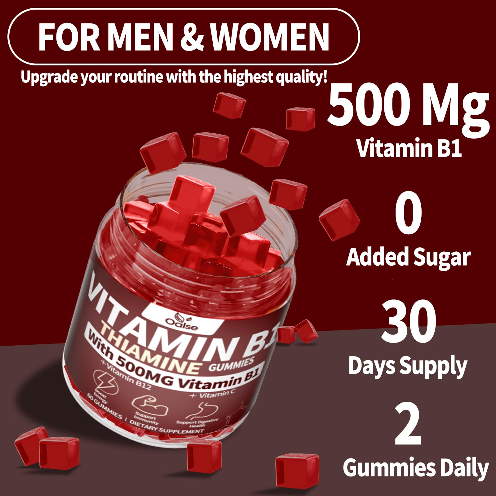 OALSE Thiamine Vitamin B1 Gummies - 500g, Vegan Sugar-Free Mixed Berry (60 Count)
