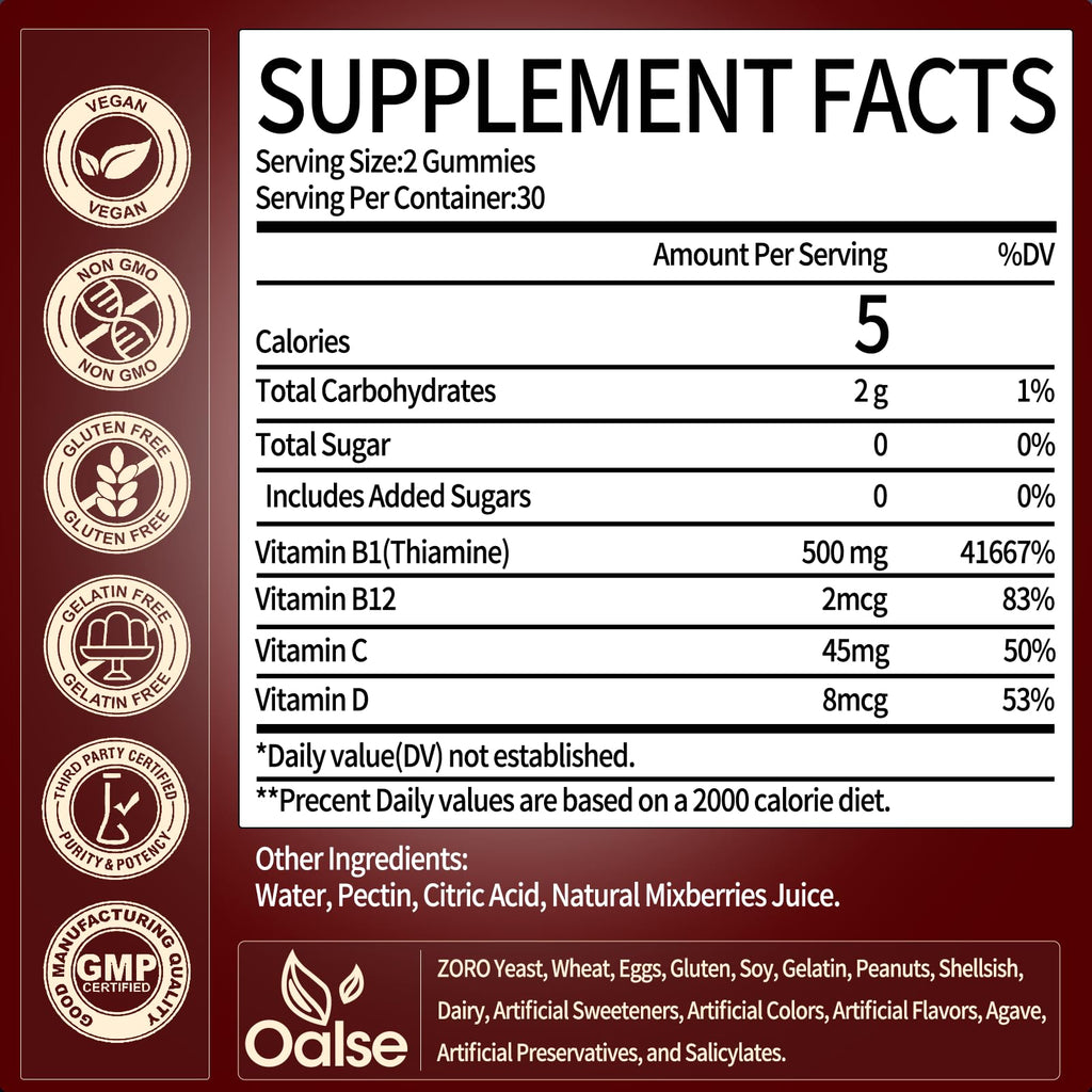 OALSE Thiamine Vitamin B1 Gummies - 500g, Vegan Sugar-Free Mixed Berry (60 Count)