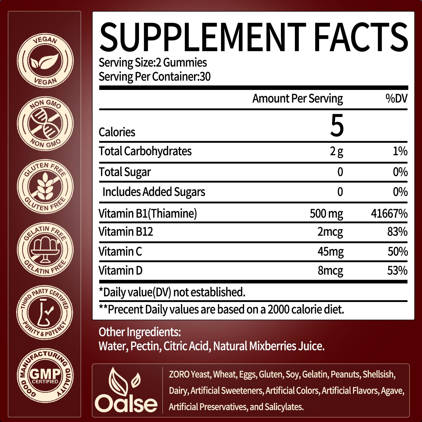 OALSE Thiamine Vitamin B1 Gummies - 500g, Vegan Sugar-Free Mixed Berry (60 Count)