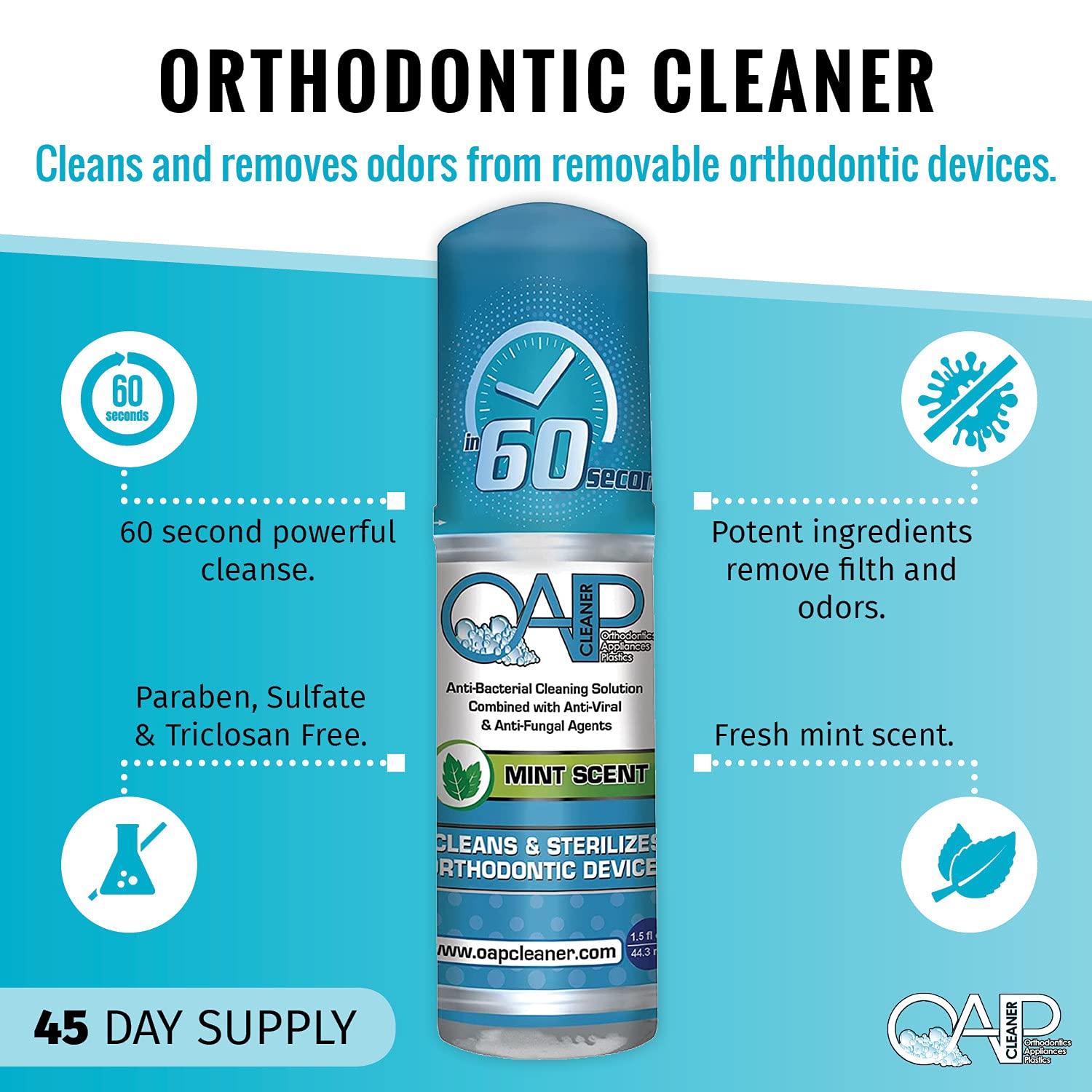 Orthodontic Cleaner by OAP Cleaner – 60-Second Foam Cleanser for Retainers, Dentures & Mouth Guards | 3 x 44.3 mL