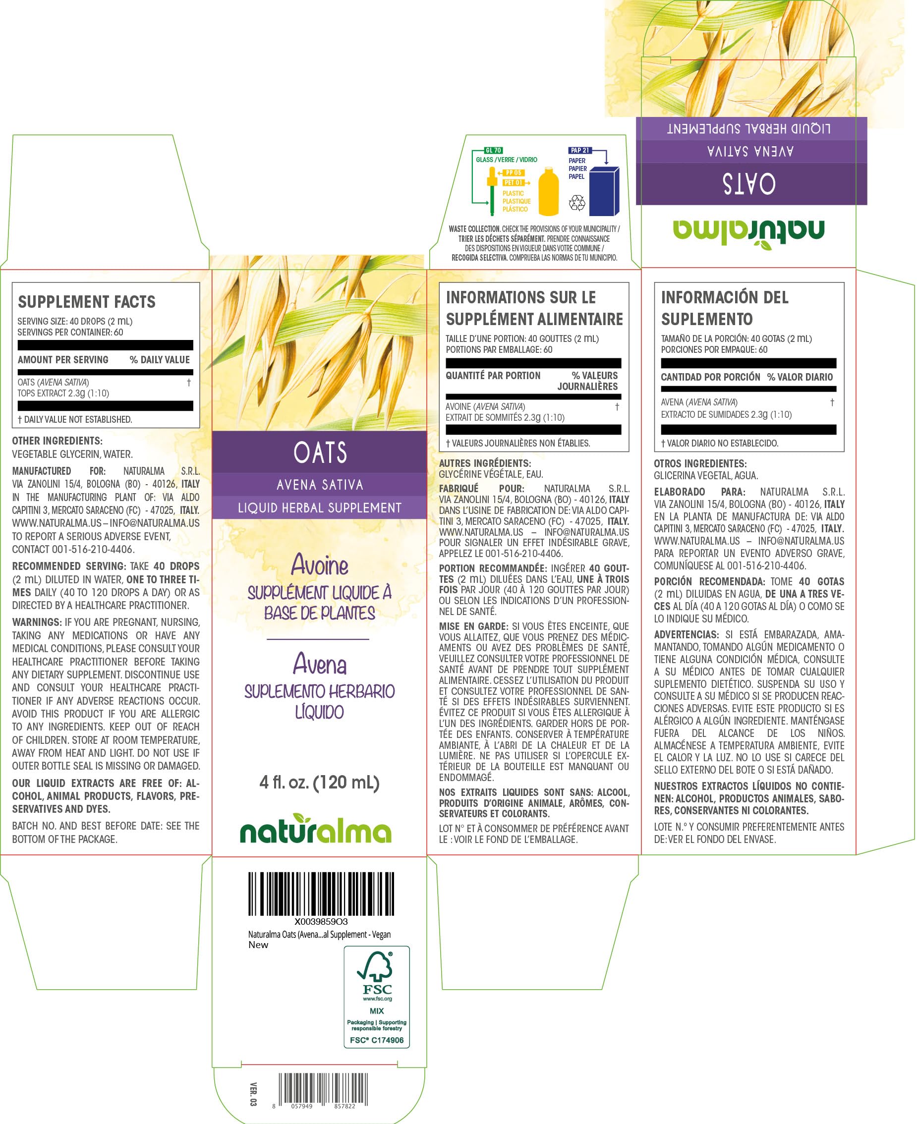 Naturalma Oats Tops Tincture (Avena Sativa) – Alcohol-Free 4 fl oz Drops | Vegan