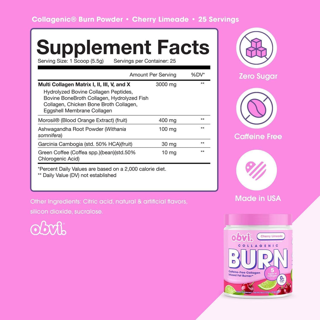 Obvi Collagenic Burn Powder - Collagen Peptide Blend with GBB, Ashwagandha & Green Coffee | Cherry Limeade 25 Servings