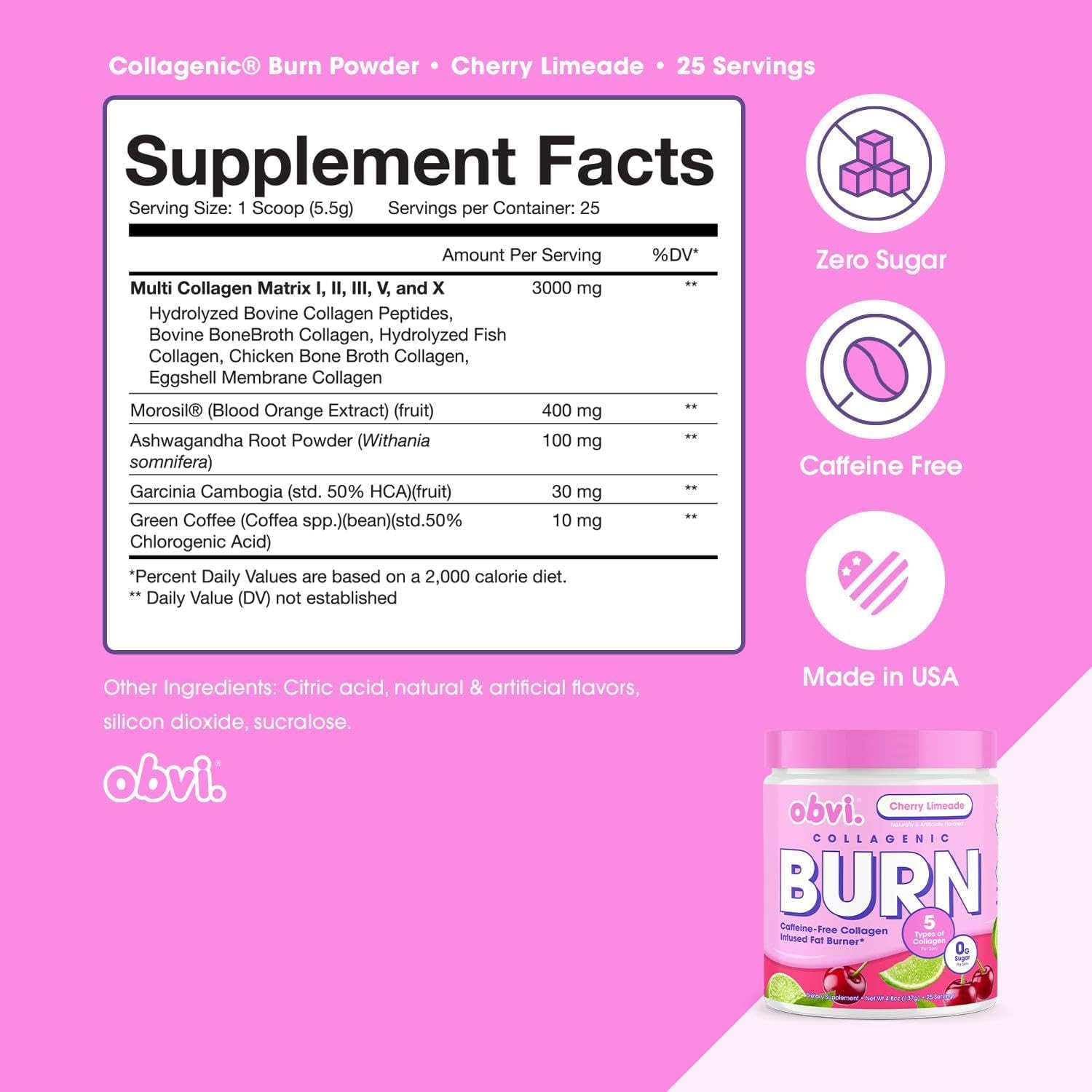 Obvi Collagenic Burn Powder - Collagen Peptide Blend with GBB, Ashwagandha & Green Coffee | Cherry Limeade 25 Servings