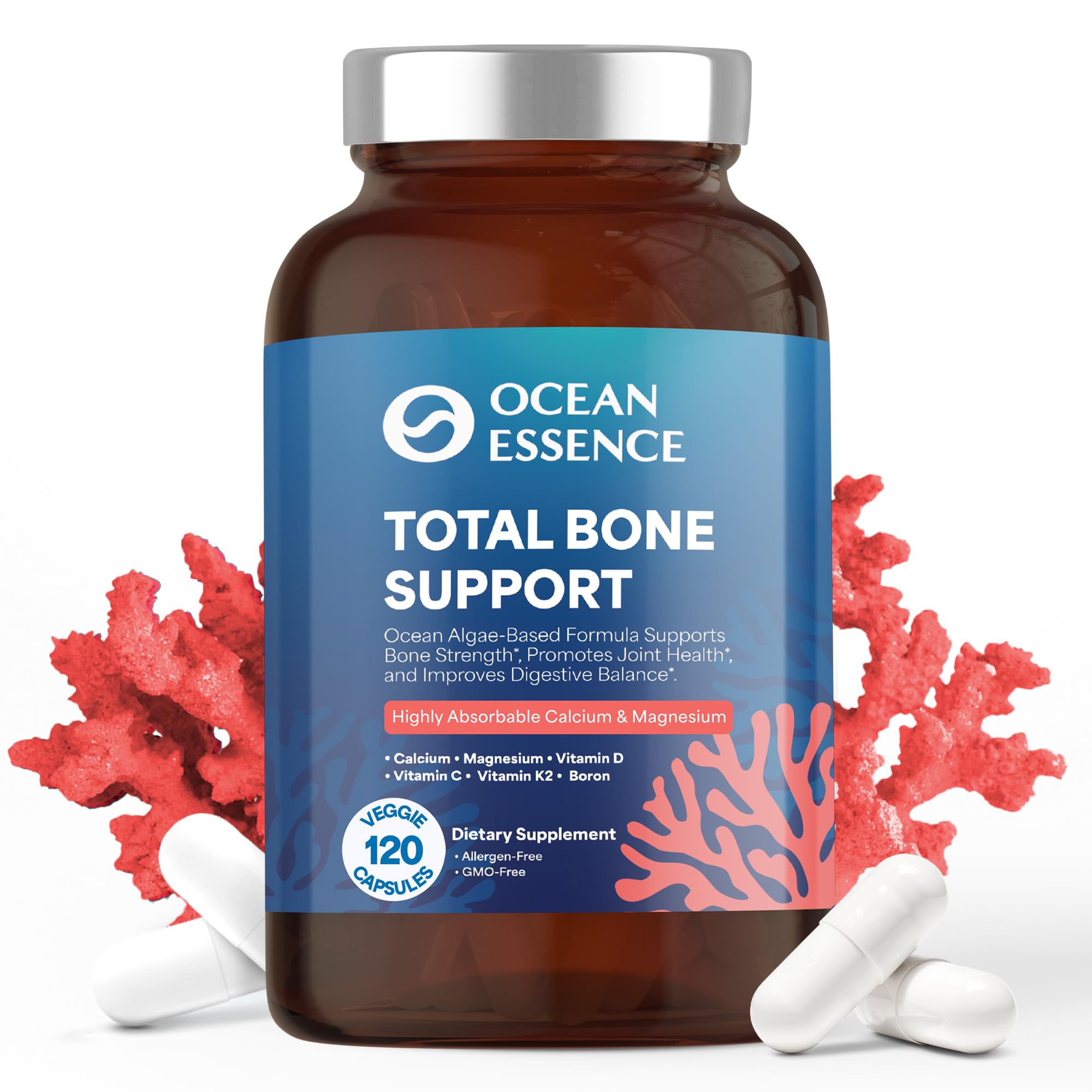 OCEAN ESSENCE Total Bone Support - Plant-Based Algae Calcium for Bone Density & Strength | 120 Capsules
