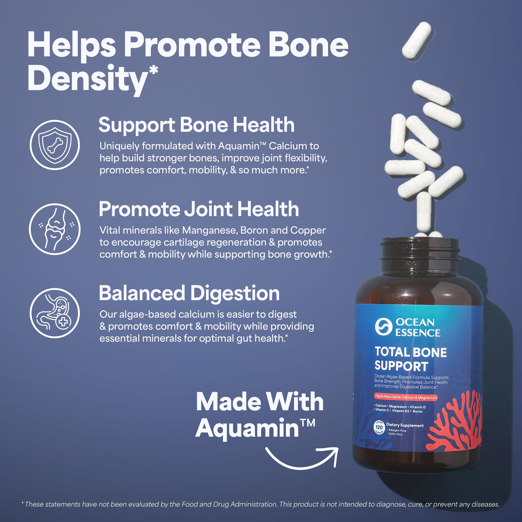 OCEAN ESSENCE Total Bone Support - Plant-Based Algae Calcium for Bone Density & Strength | 120 Capsules