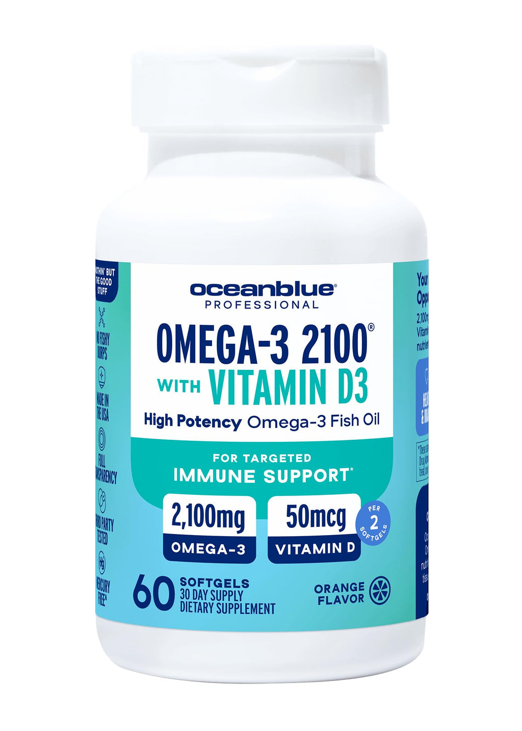 Oceanblue Omega-3 2100 with Vitamin D3 – 60 ct (30 Servings) – Burpless, Orange Flavor