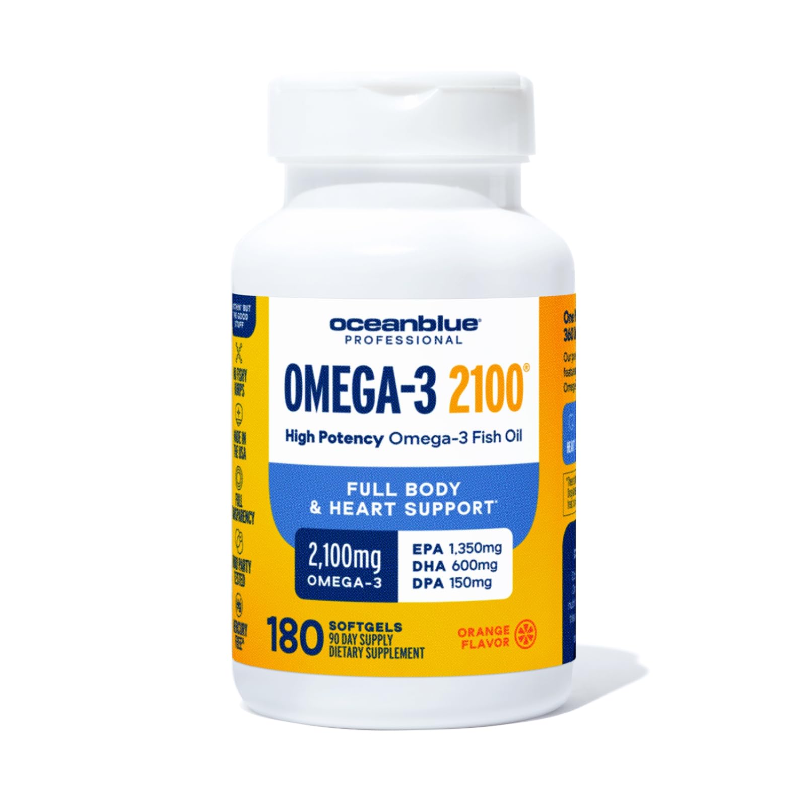 Oceanblue Omega-3 2100 — Triple-Strength Burpless Fish Oil (180 Softgels, Orange)