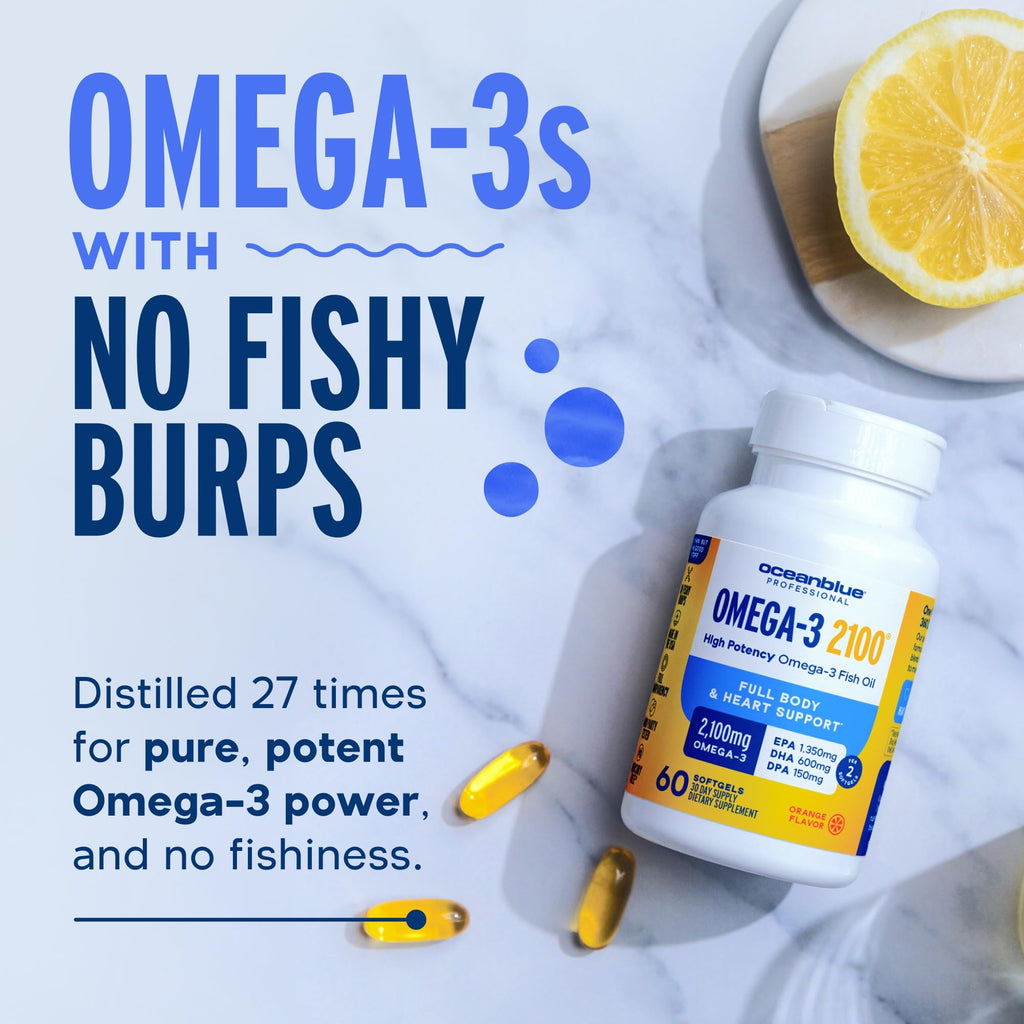 Oceanblue Omega-3 2100 — Triple-Strength Burpless Fish Oil (180 Softgels, Orange)