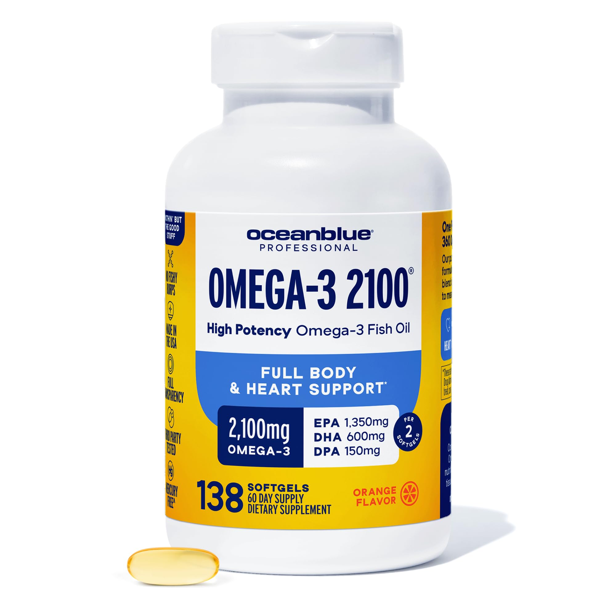 Oceanblue Professional Omega-3 2100mg Fish Oil – Triple Strength EPA, DHA & DPA | Burpless, Wild-Caught, Orange Flavor | 138 Count