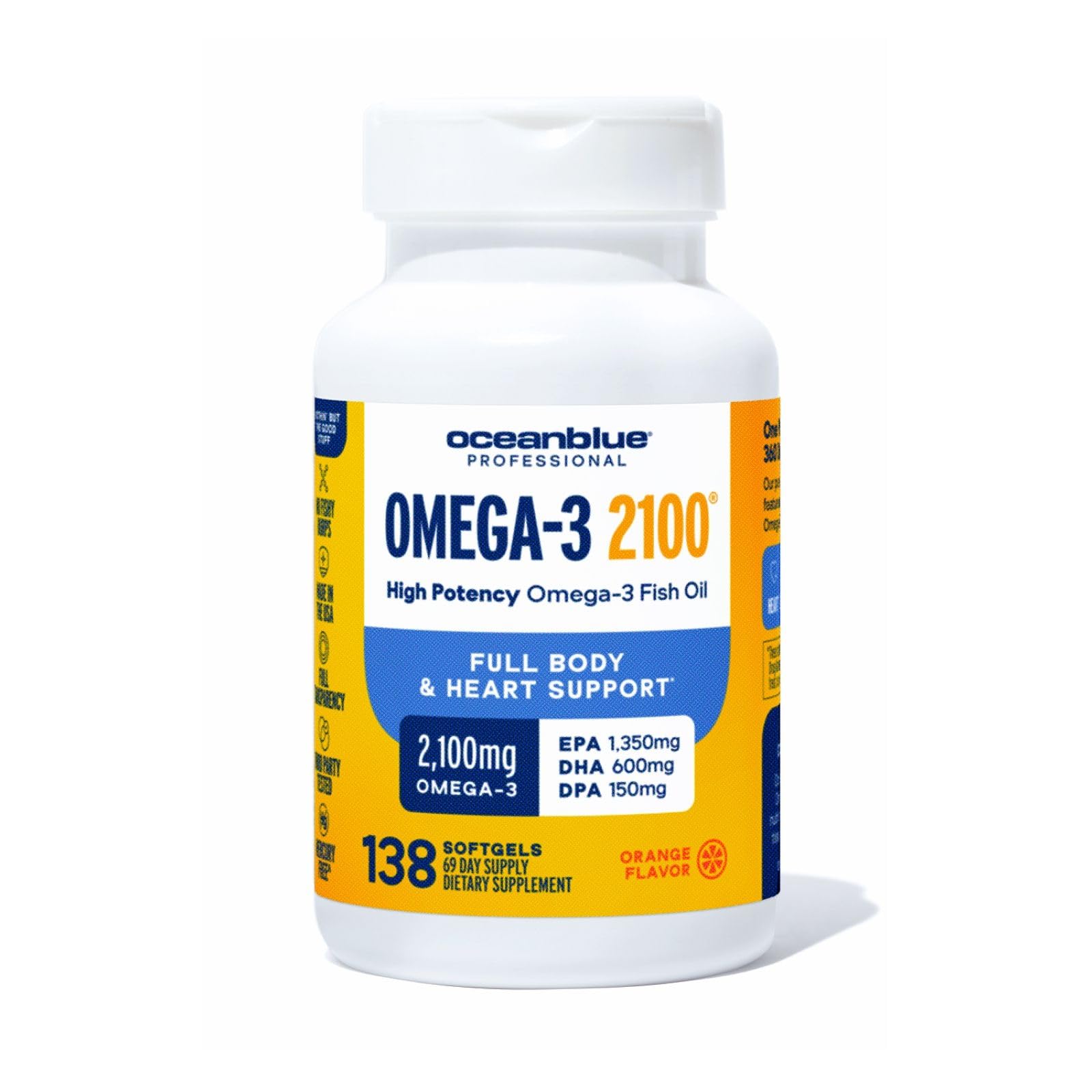 Oceanblue Professional Omega-3 2100mg Fish Oil – Triple Strength EPA, DHA & DPA | Burpless, Wild-Caught, Orange Flavor | 138 Count