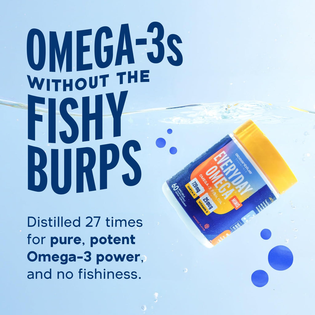 Oceanblue Omega 3 Supplement for Women | Burpless Fish Oil 720mg + Vitamin D3 | Heart & Immune Support | Molecularly Distilled Orange Flavor (30 Count One a Day Omega)