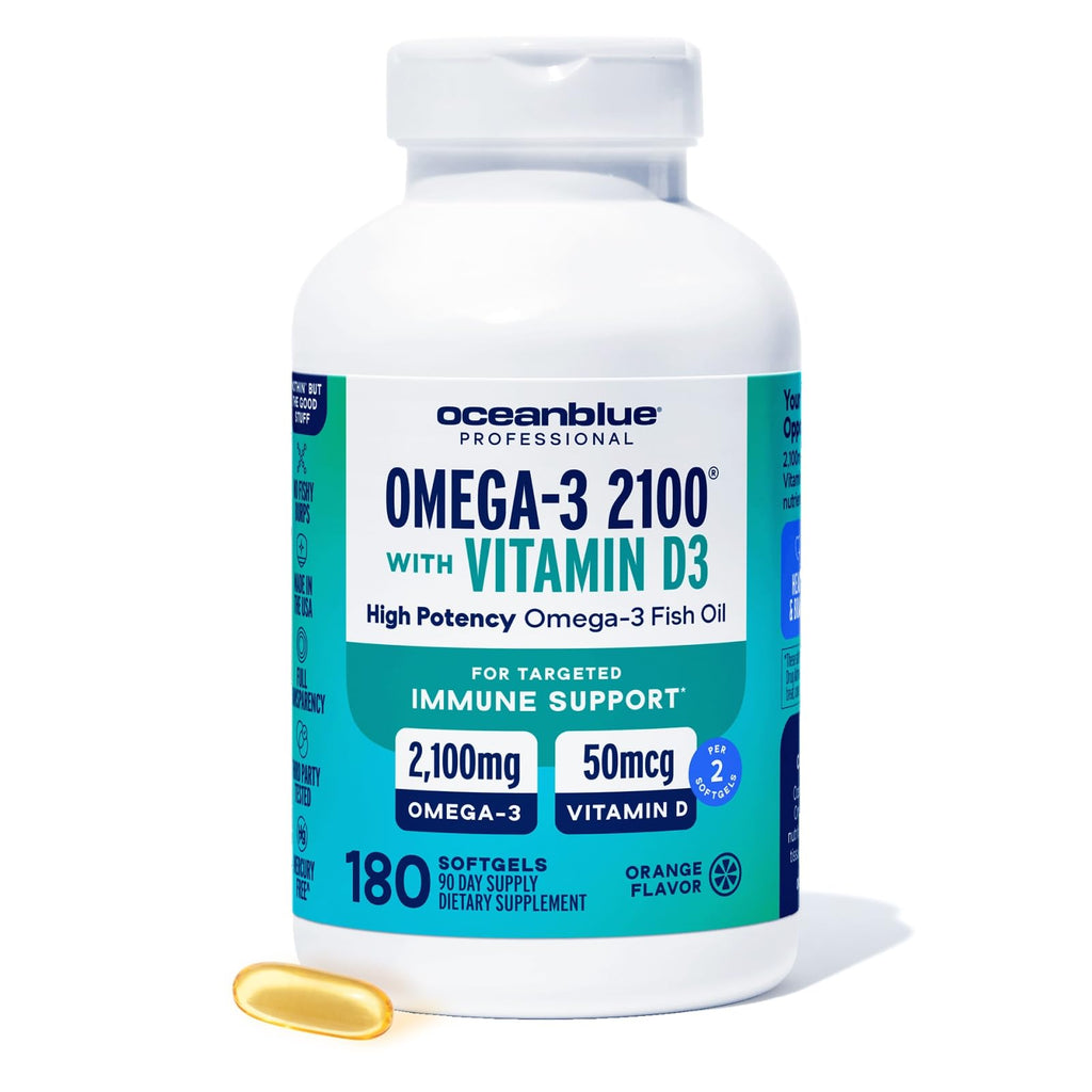 Oceanblue Professional Fish Oil with Vitamin D3 — Triple Strength 2100mg Omega-3 (EPA DPA DHA) + 2000 IU D3 | Burpless Orange Flavor | Wild-Caught & Sustainable | 90 Servings (180 Softgels)