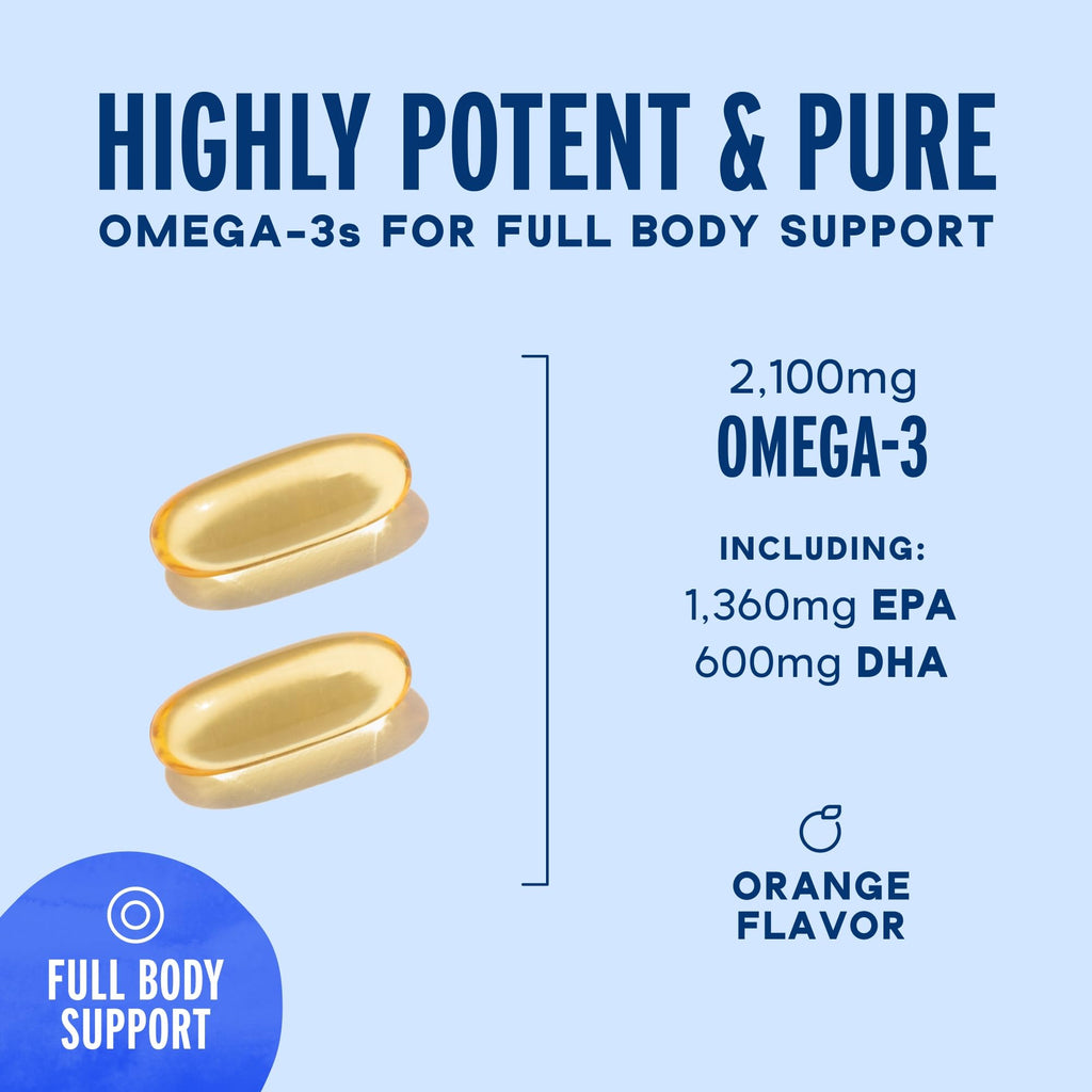 Oceanblue Professional Omega-3 2100mg Fish Oil – Triple Strength EPA, DHA & DPA | Burpless, Wild-Caught, Orange Flavor | 120 Count