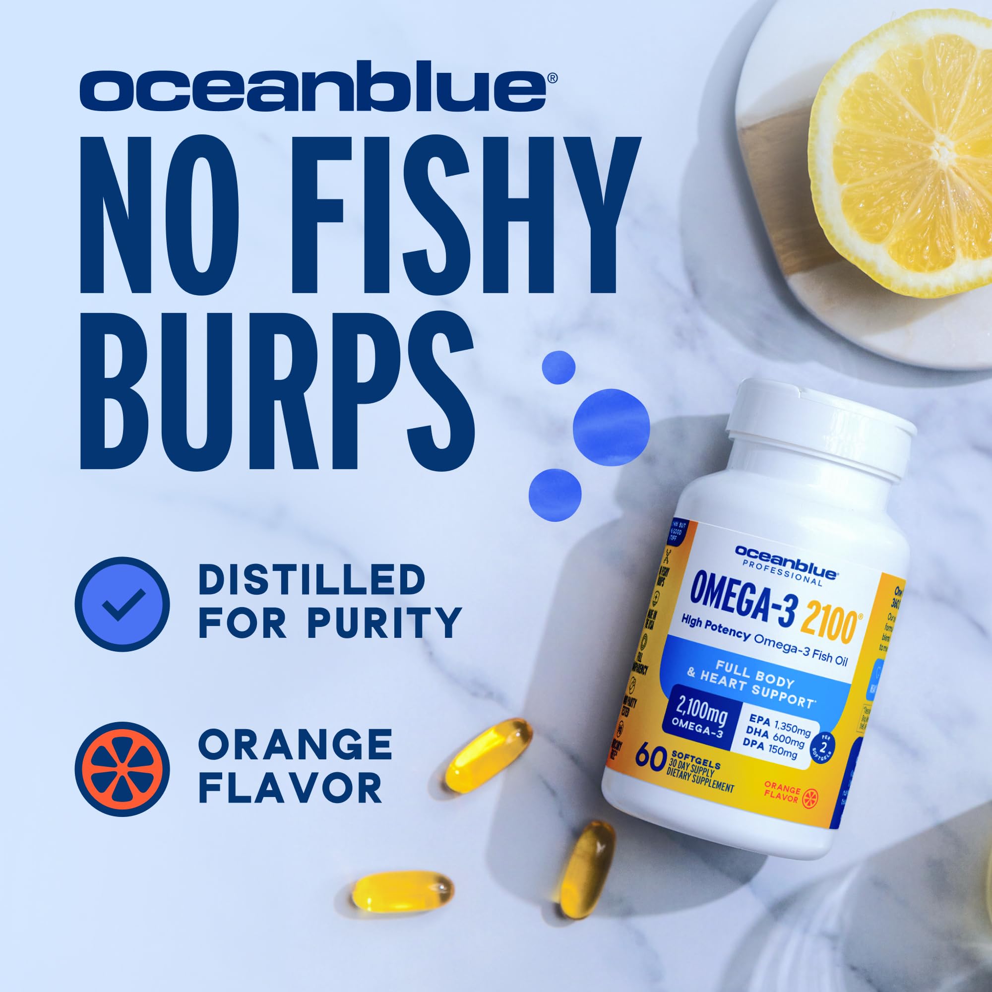 Oceanblue Omega-3 2100 — Triple-Strength Burpless Fish Oil (180 Softgels, Orange)