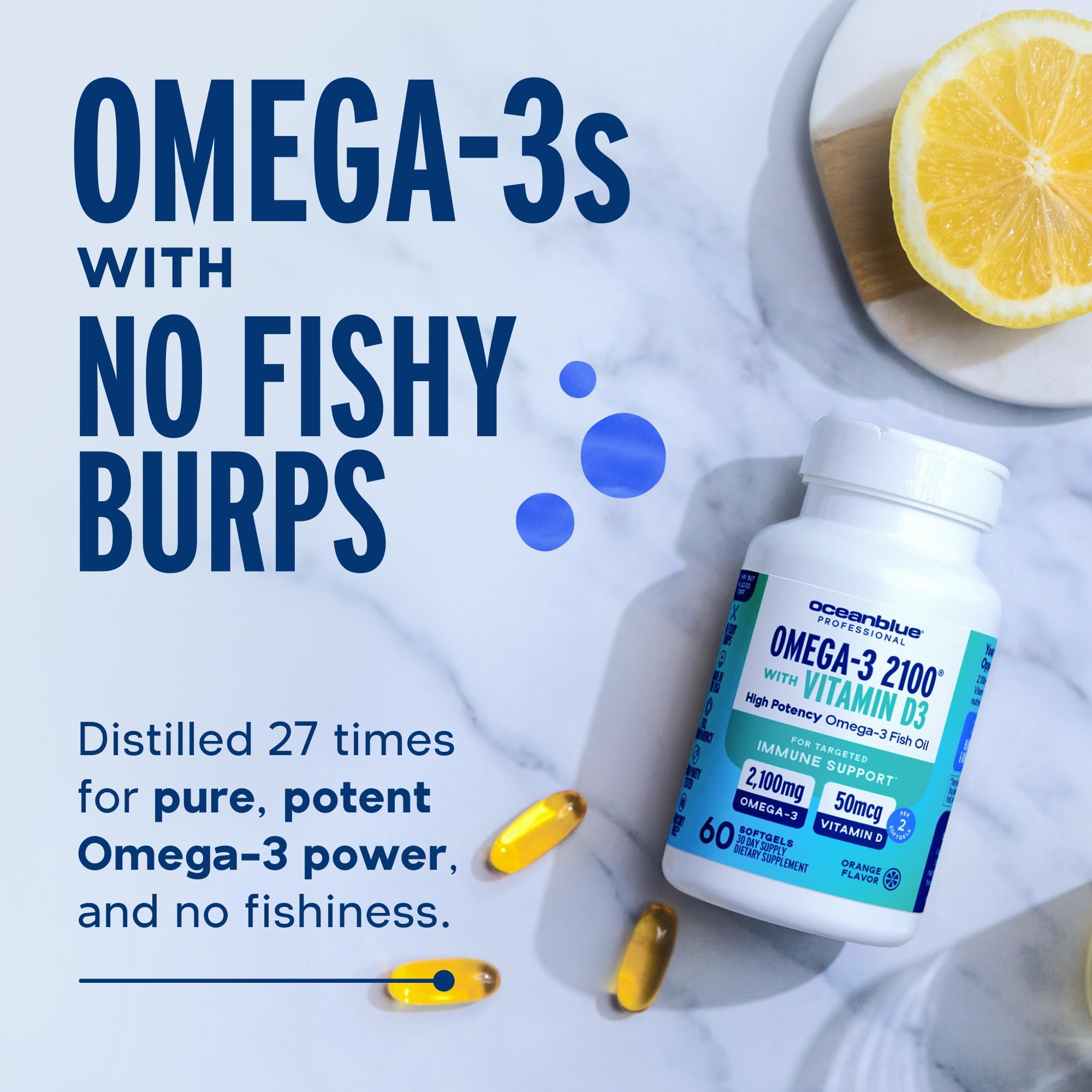 Oceanblue Professional Fish Oil with Vitamin D3 — Triple Strength 2100mg Omega-3 (EPA DPA DHA) + 2000 IU D3 | Burpless Orange Flavor | Wild-Caught & Sustainable | 90 Servings (180 Softgels)