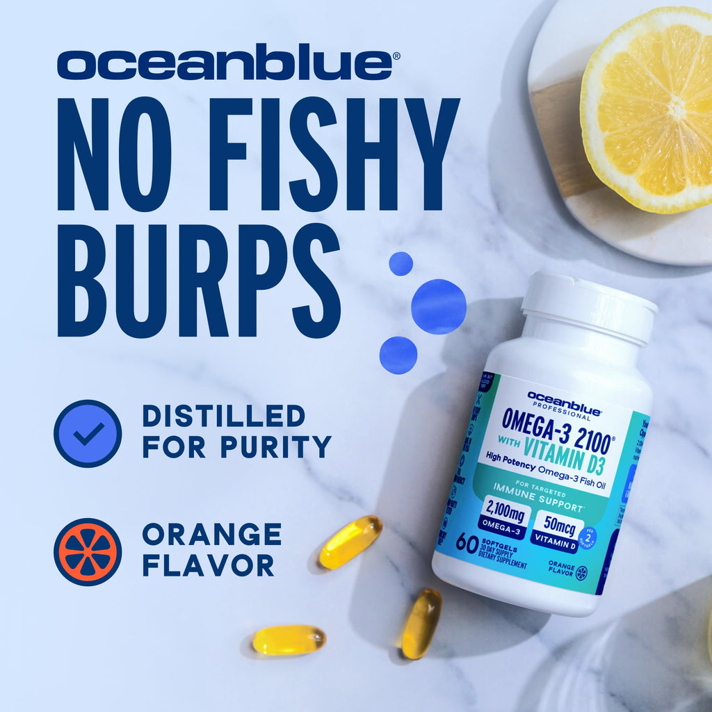 Oceanblue Professional Fish Oil with Vitamin D3 — Triple Strength 2100mg Omega-3 (EPA DPA DHA) + 2000 IU D3 | Burpless Orange Flavor | Wild-Caught & Sustainable | 90 Servings (180 Softgels)