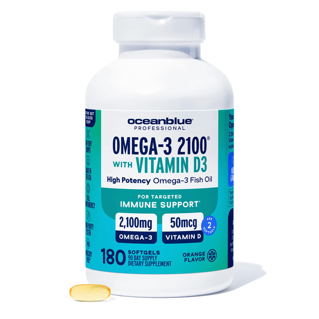 Oceanblue Professional Fish Oil with Vitamin D3 — Triple Strength 2100mg Omega-3 (EPA DPA DHA) + 2000 IU D3 | Burpless Orange Flavor | Wild-Caught & Sustainable | 90 Servings (180 Softgels)