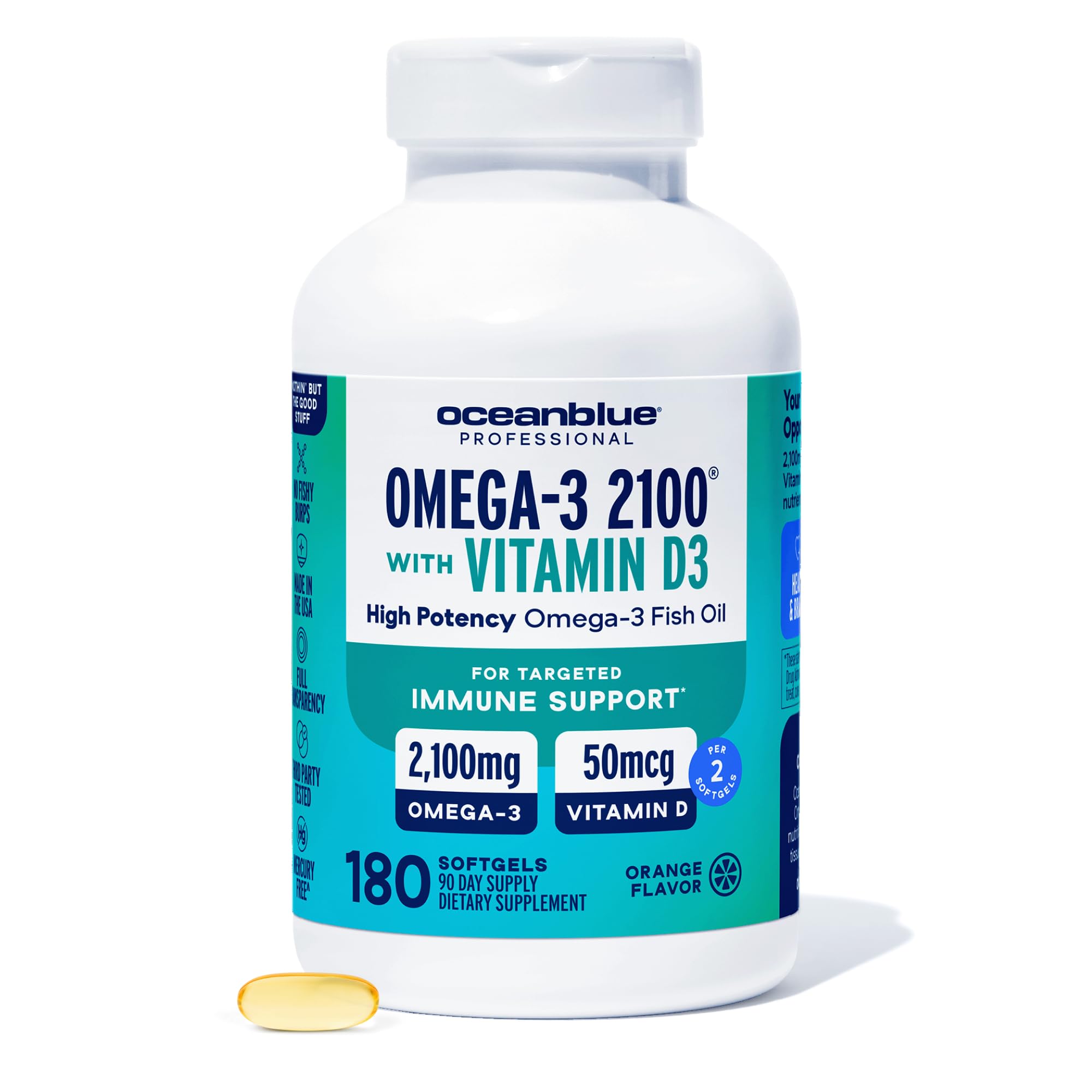 Oceanblue Professional Fish Oil with Vitamin D3 — Triple Strength 2100mg Omega-3 (EPA DPA DHA) + 2000 IU D3 | Burpless Orange Flavor | Wild-Caught & Sustainable | 90 Servings (180 Softgels)