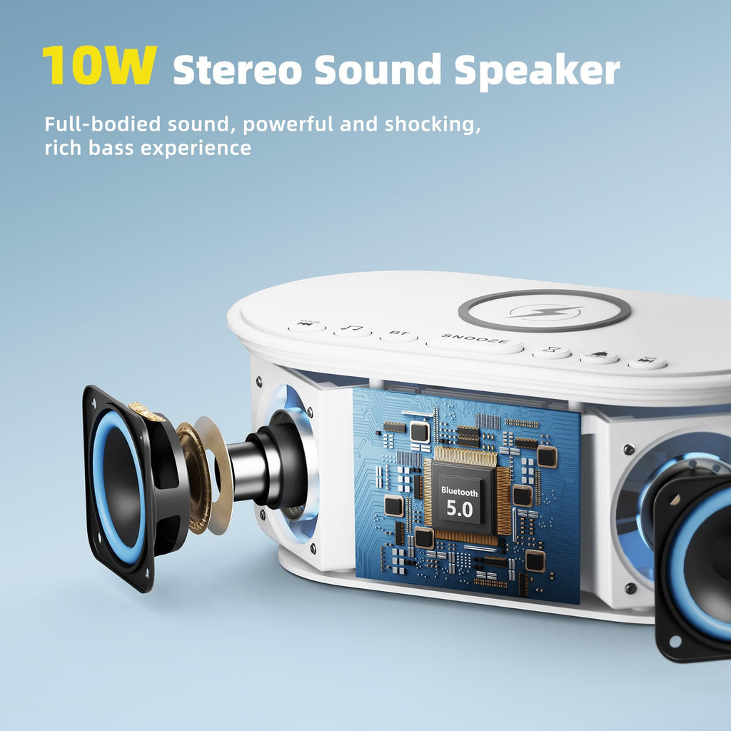 Odokee Sound Machine Alarm Clock with Wireless Charger - 21 Soothing Sounds & 10W Bluetooth Speaker