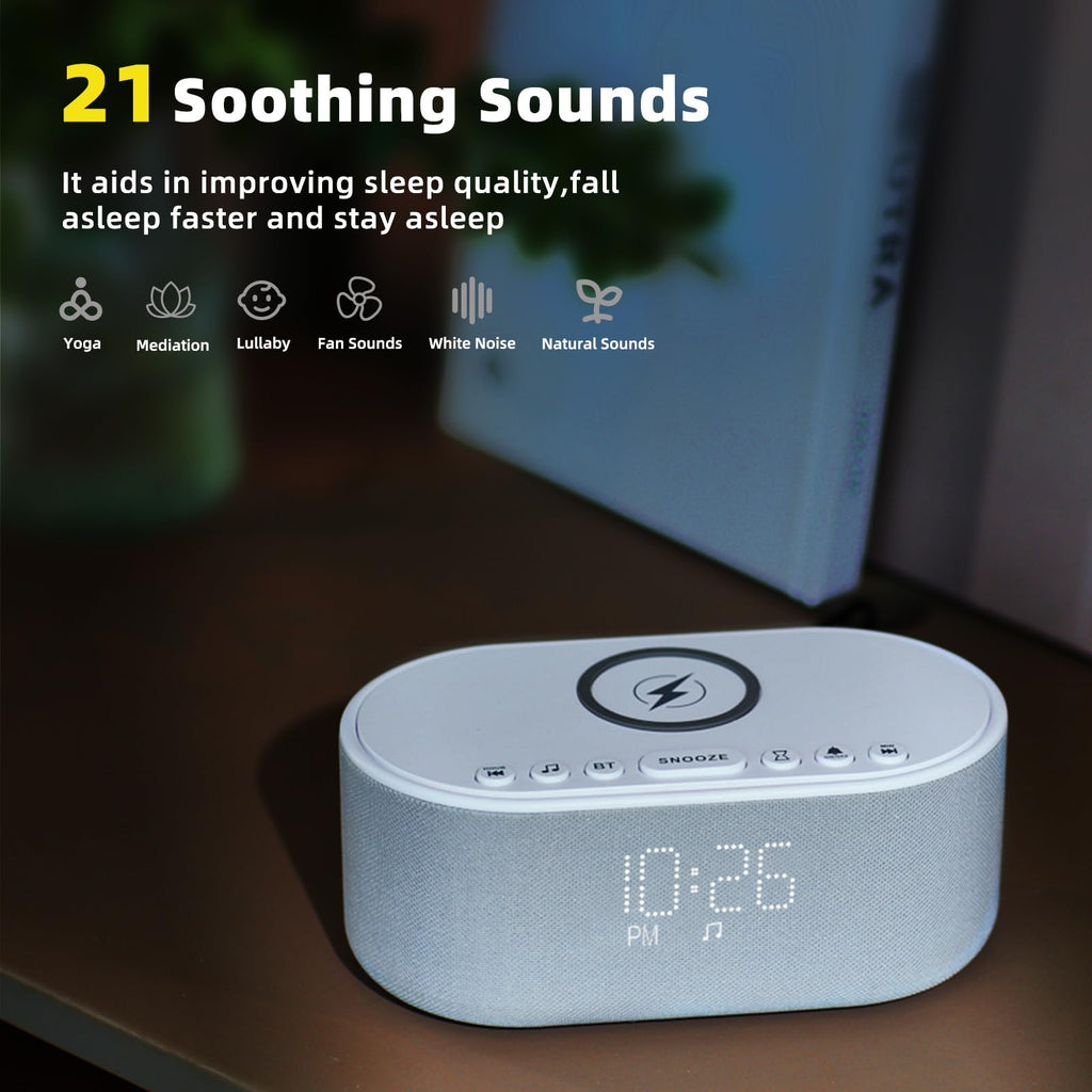 Odokee Sound Machine Alarm Clock with Wireless Charger - 21 Soothing Sounds & 10W Bluetooth Speaker