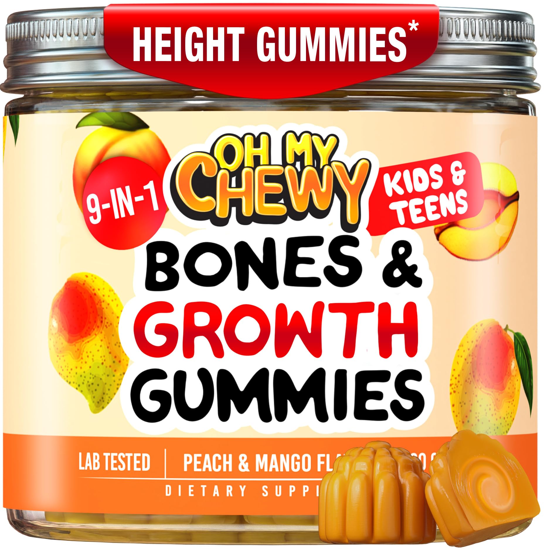 OH MY CHEWY Growth Increase Vitamin Gummies – Growth & Bone Support for Kids & Teens (Calcium, Vitamin D3, K2) Peach & Mango 60 CT