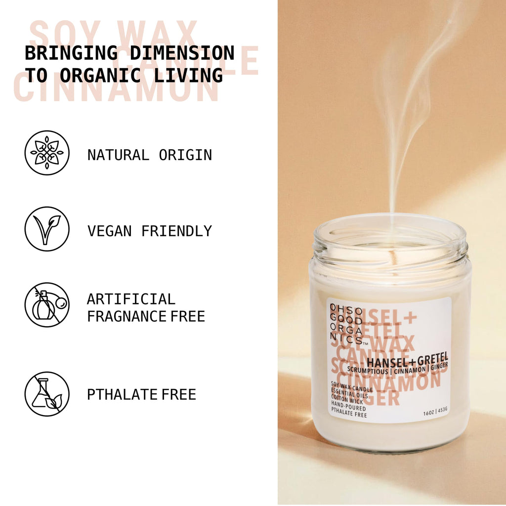 OH SO GOOD ORGANICS Cinnamon & Ginger Scented Soy Candle – 16oz, 60 Hours, Hansel and Gretel’s House