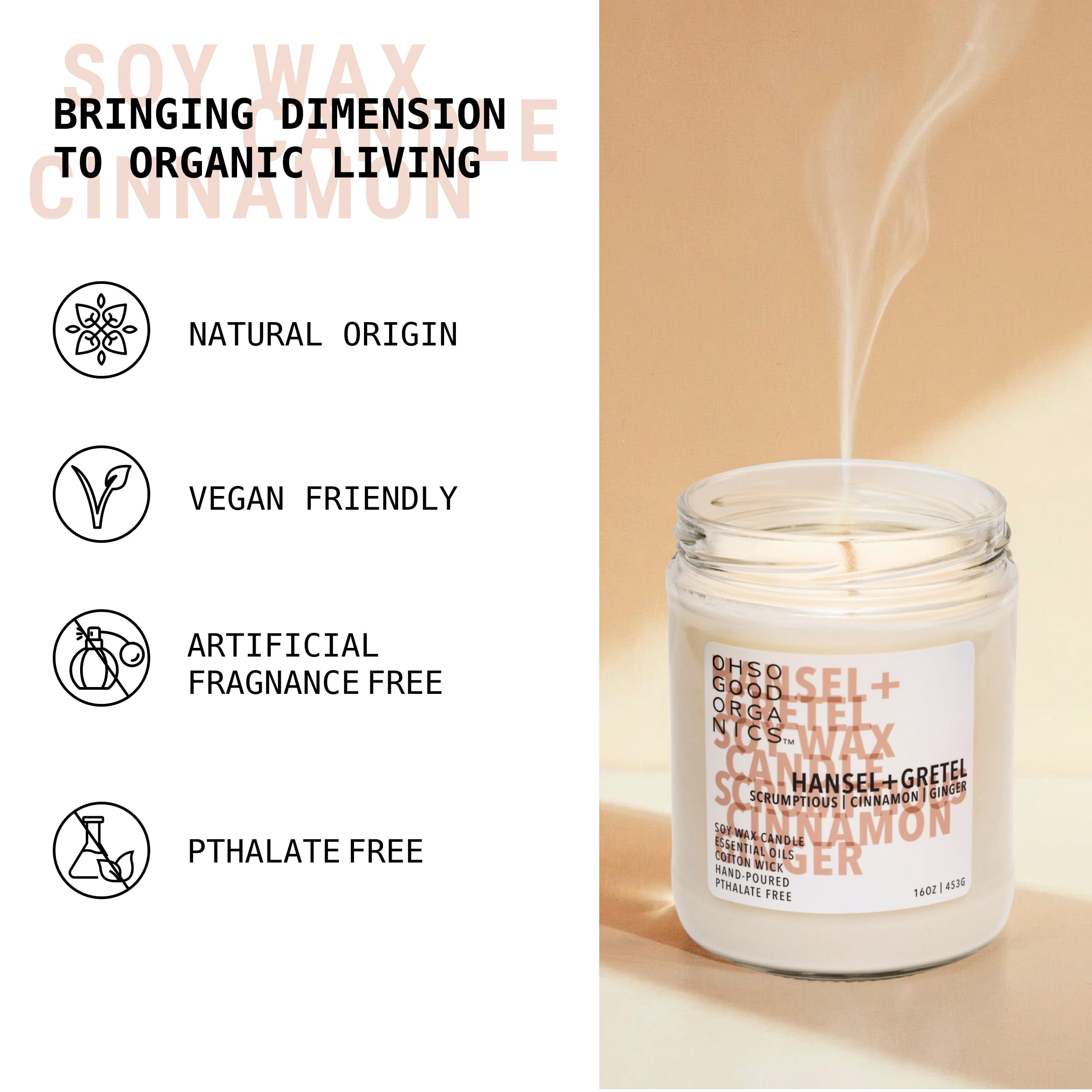 OH SO GOOD ORGANICS Cinnamon & Ginger Scented Soy Candle – 16oz, 60 Hours, Hansel and Gretel’s House
