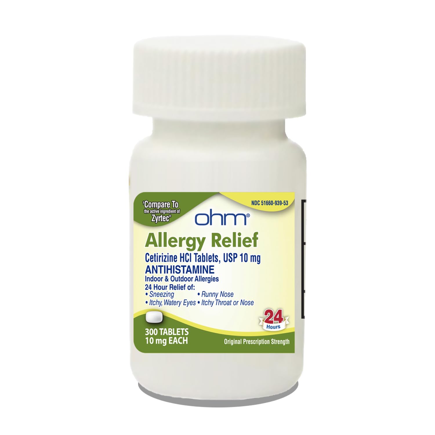Ohm 24-Hour Cetirizine HCl 10 mg Tablets – 300 Count, All-Day Allergy Relief