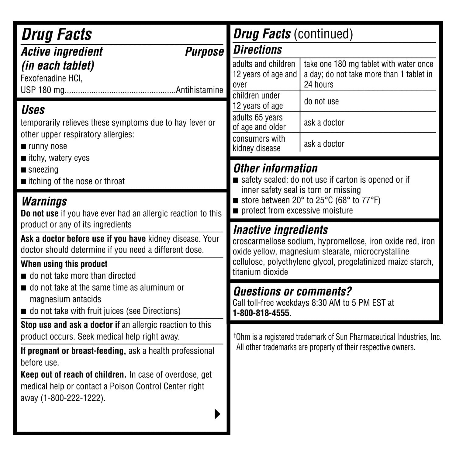 Ohm Allergy Medicine Fexofenadine 180mg – 150 Count | 24-Hour Non-Drowsy Indoor & Outdoor Allergy Relief