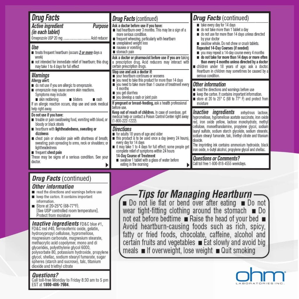 Ohm Omeprazole 20mg - 42-Tablet Delayed-Release Heartburn Relief (24-Hour) | Ohm