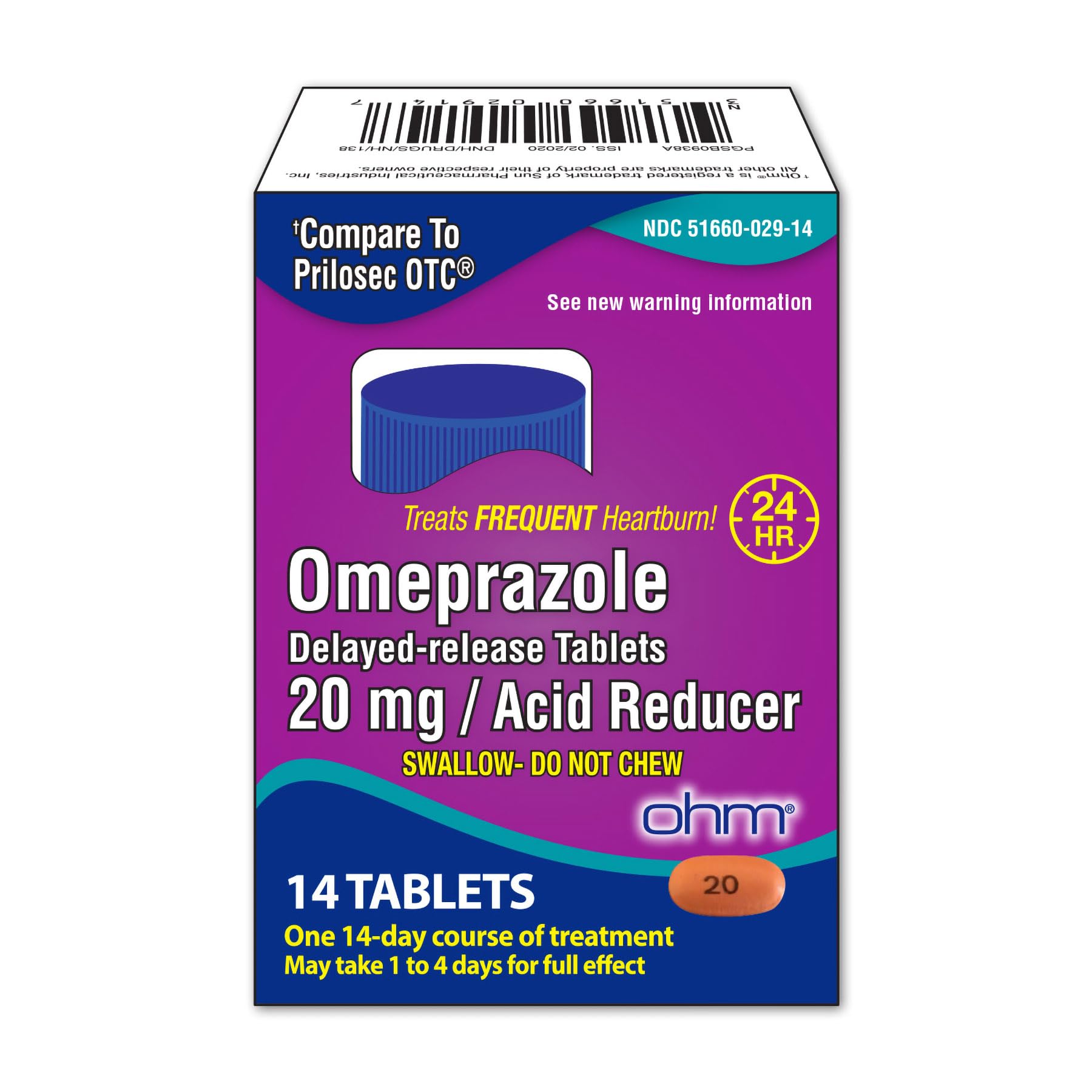 Ohm Omeprazole 20mg – 14-Tablet Delayed-Release Acid Reducer for 24-Hour Heartburn Relief
