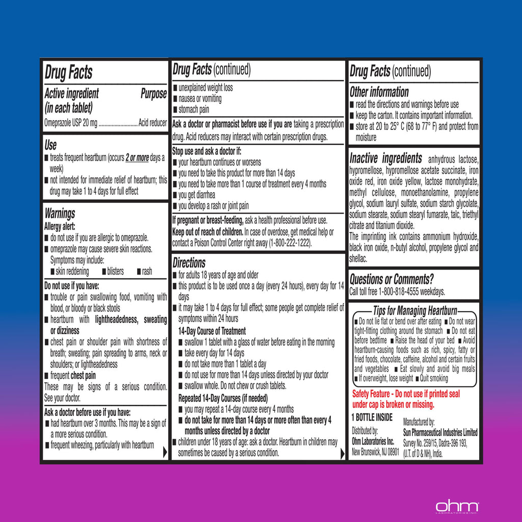 Ohm Omeprazole 20mg – 14-Tablet Delayed-Release Acid Reducer for 24-Hour Heartburn Relief