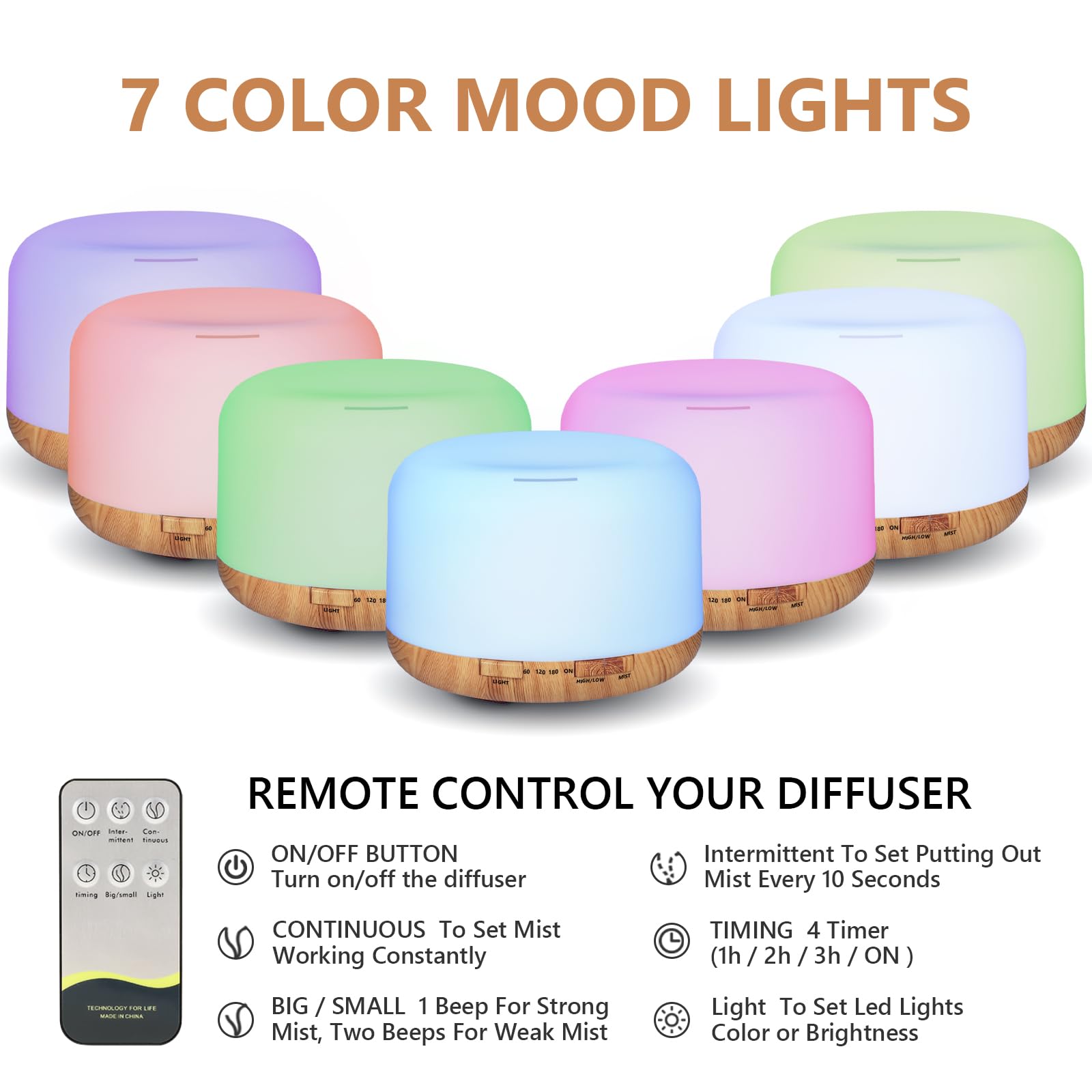 Oil Diffuser 500ml – Ultrasonic Diffuser with 2 Mist Modes, 4 Timers & Auto Off